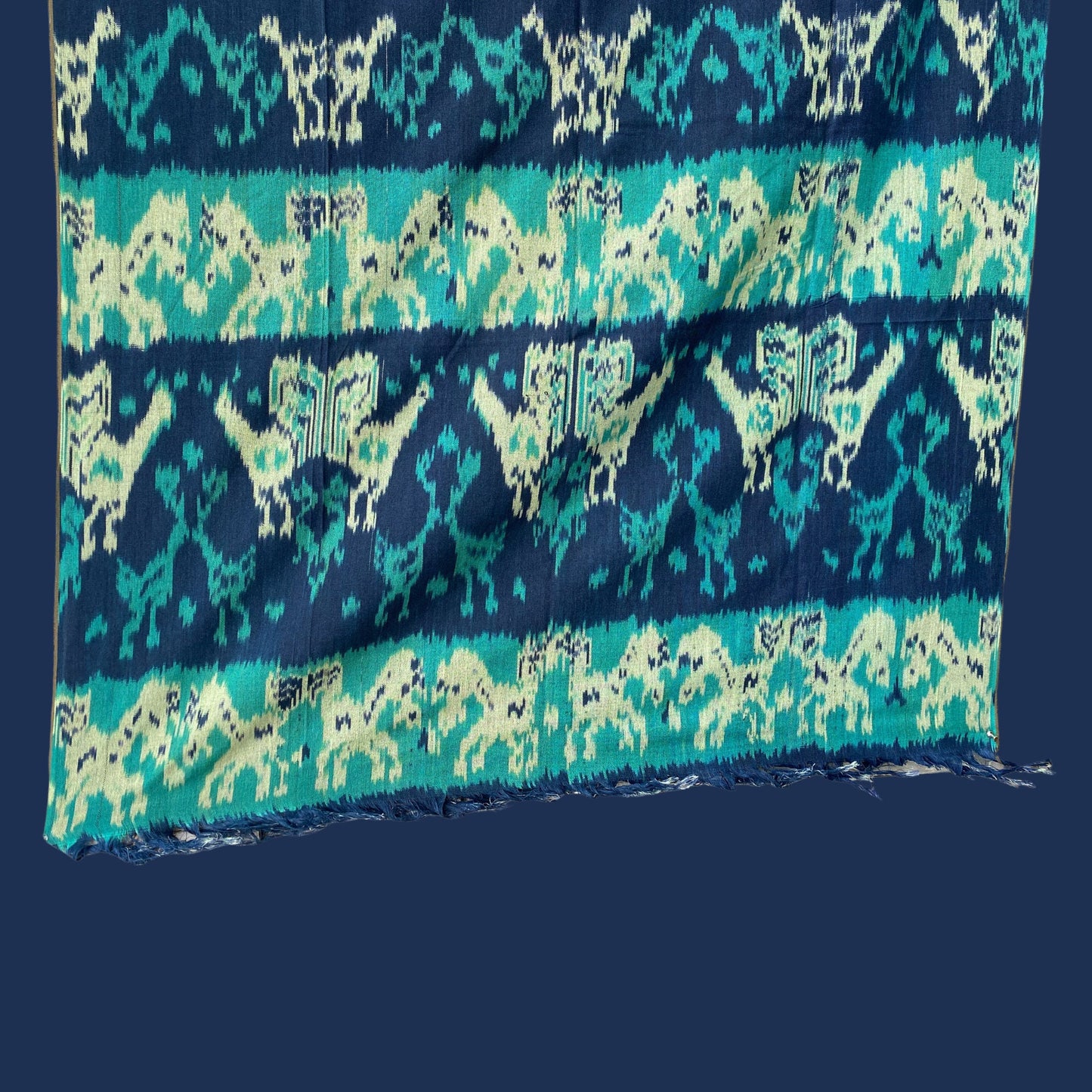 Handwoven Indonesian Ikat Cotton Cloth Blanket: Hand Loomed Indigo Turquoise Ethnic Tapestry