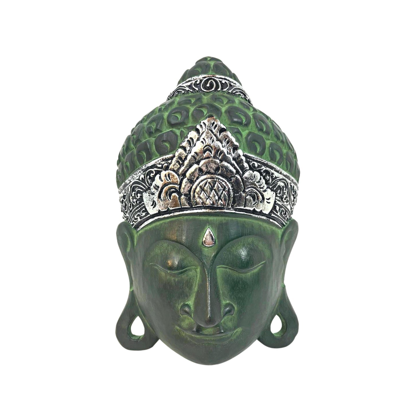 Balinese Buddha Mask: Hand Carved Wood Wall Art Sculpture, Teal Green Verdigris Paint Finish