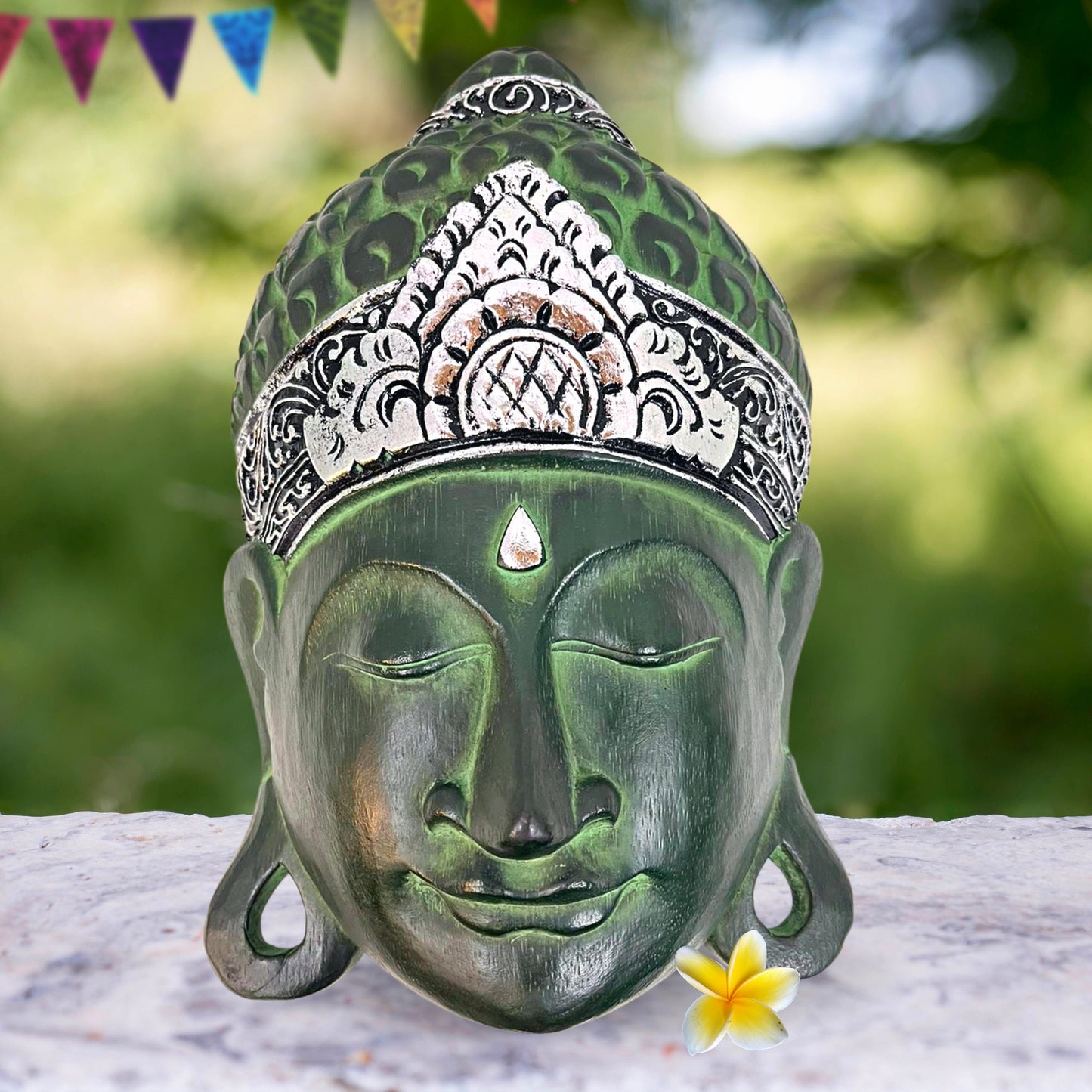 Balinese Peaceful Buddha Wooden Mask wall art sculpture Bali Folk Art Hand Carved wood carving teal Home Decor