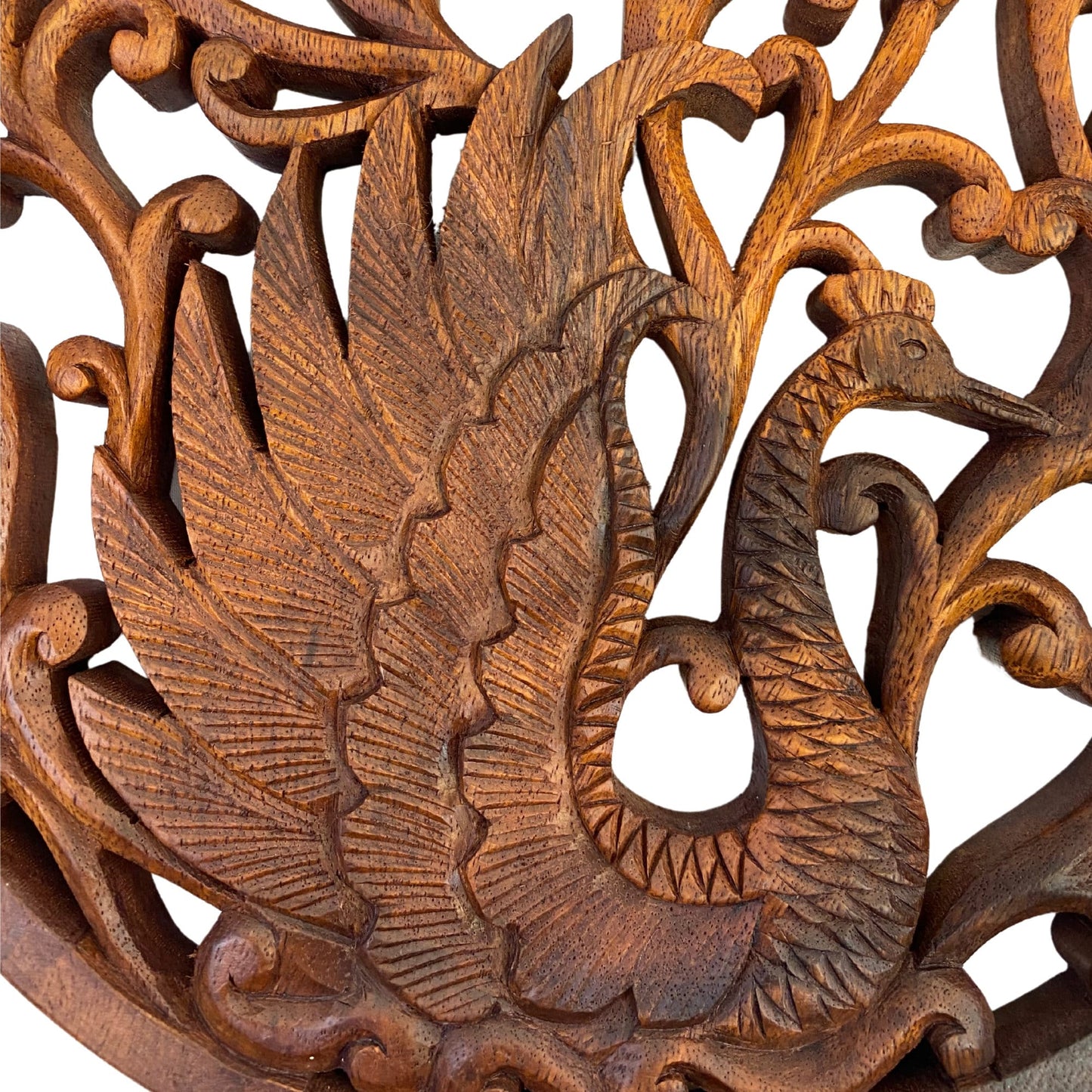 Hand Carved Wood Peacock Relief Panel: Balinese Round Wall Art Plaque