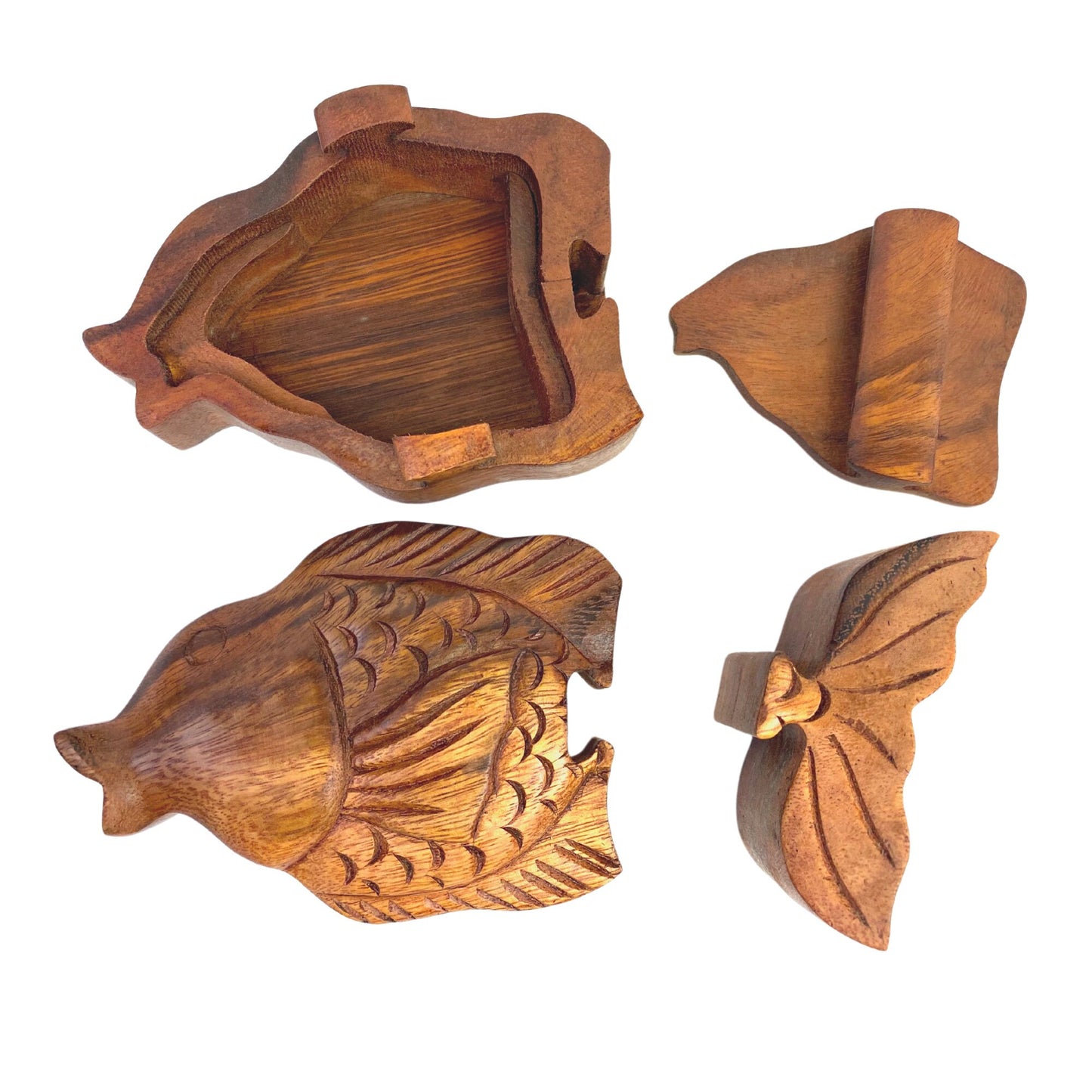 Gold Fish aquatic life Secret Puzzle stash Box Trinket Jewelry gift box Hand Carved Wood Carving handmade Gift Bali Art
