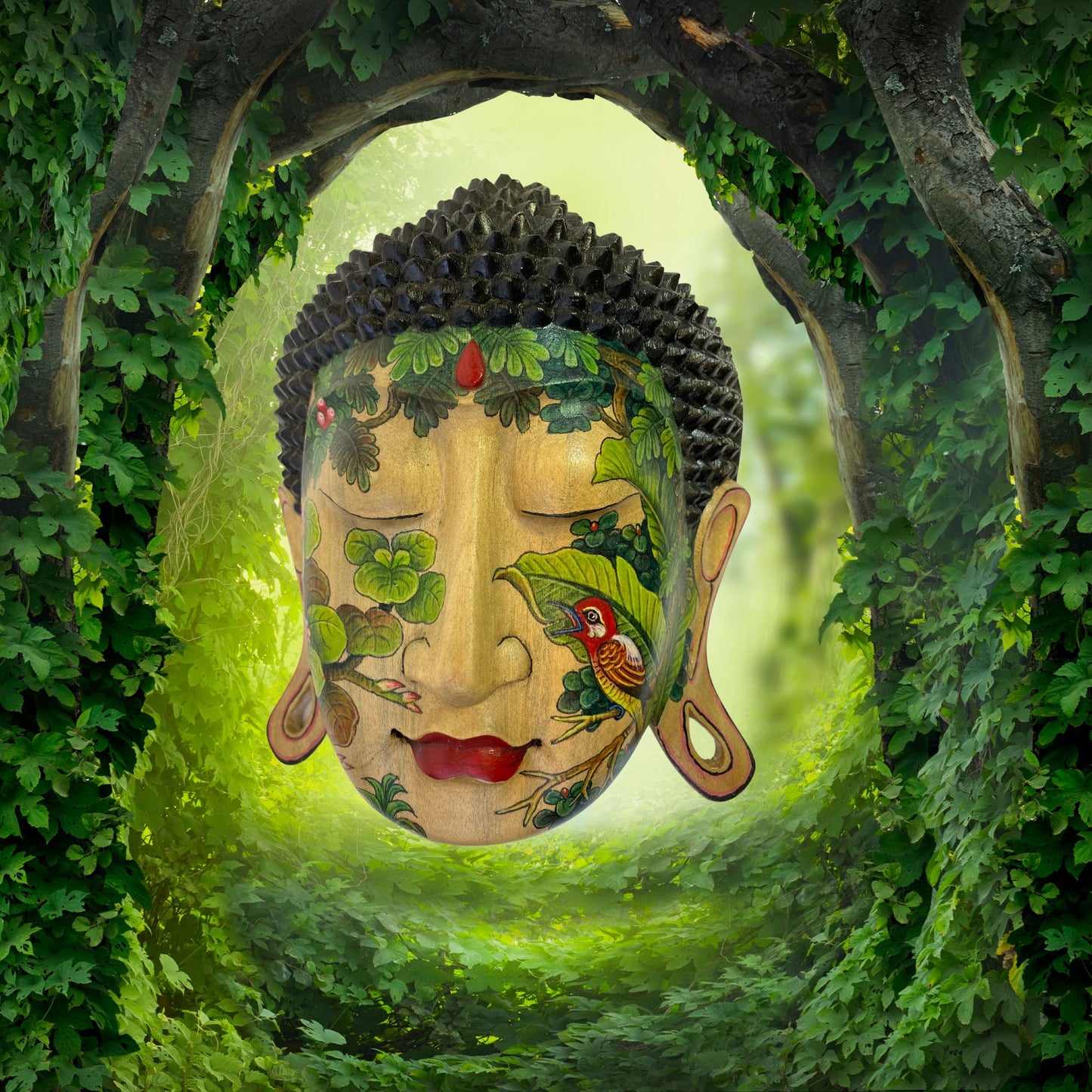 Forest Tattoo Buddha Mask Wall art Sculpture Balinese miniature style painting keliki Ubud village art art hand painted wood carving