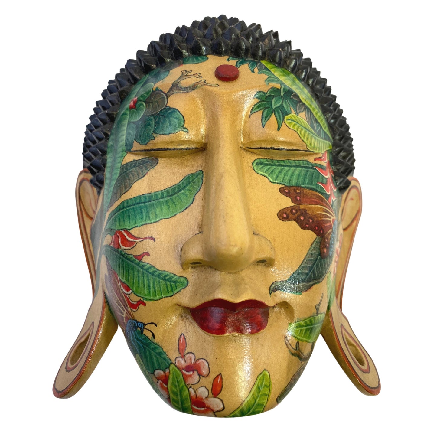 Butterfly Garden Tattoo Buddha Mask Wall art Sculpture Balinese miniature style painting Ubud village art art hand painted wood carving