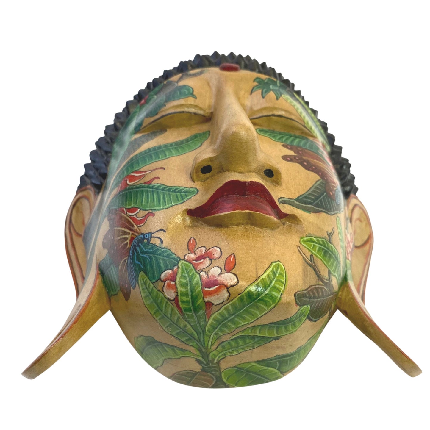 Butterfly Garden Tattoo Buddha Mask Wall art Sculpture Balinese miniature style painting Ubud village art art hand painted wood carving