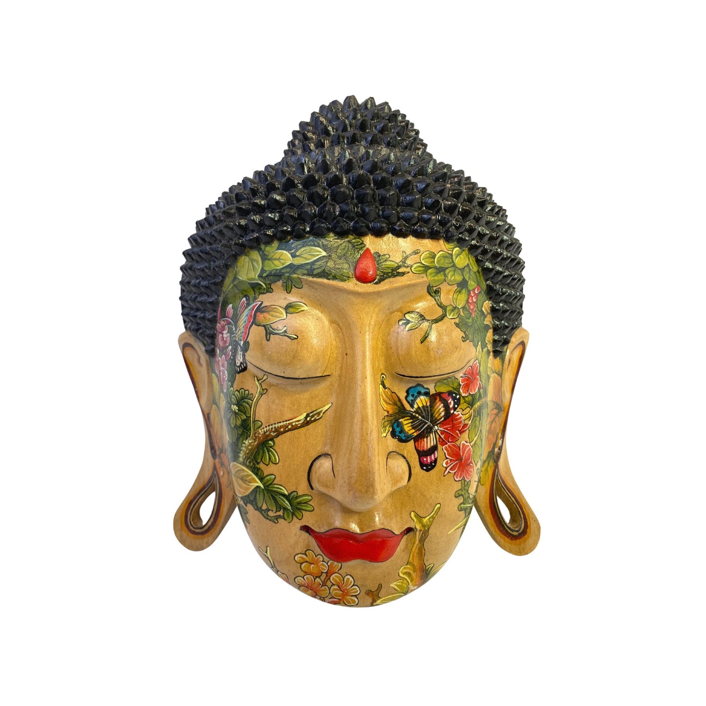 Mystic Buddha Mask Butterfly Garden Tattoo Wall art Sculpture Balinese miniature style painting Ubud village art hand painted wood carving