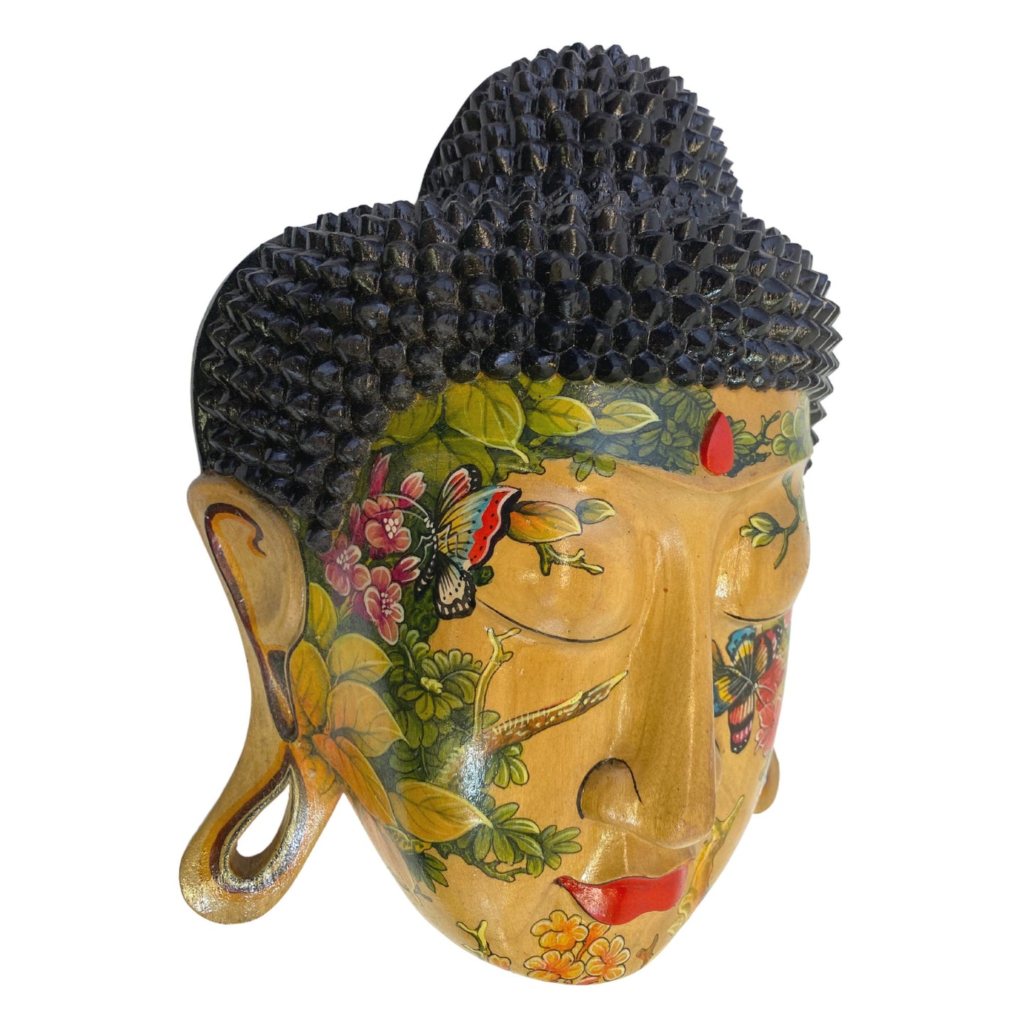 Mystic Buddha Mask Butterfly Garden Tattoo Wall art Sculpture Balinese miniature style painting Ubud village art hand painted wood carving