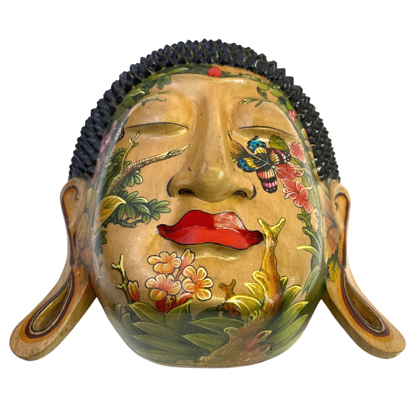 Mystic Buddha Mask Butterfly Garden Tattoo Wall art Sculpture Balinese miniature style painting Ubud village art hand painted wood carving