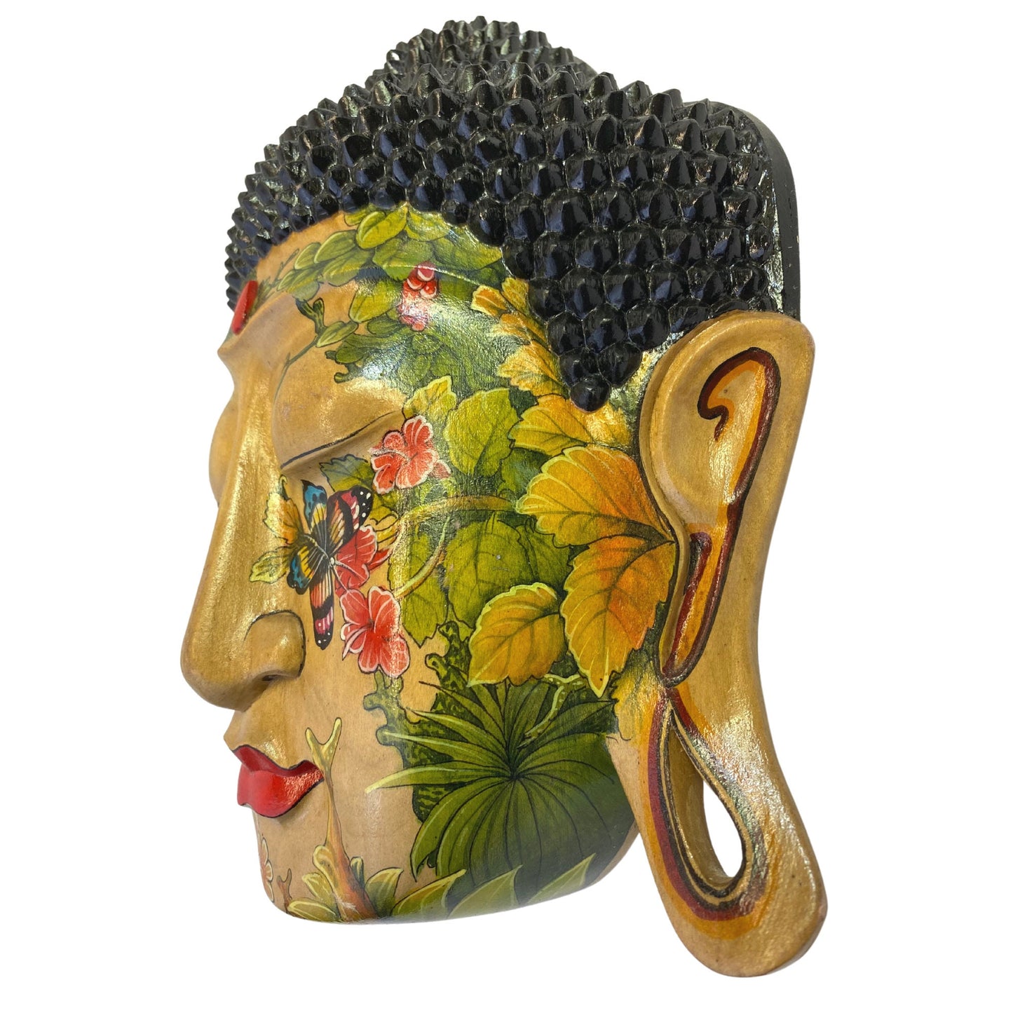 Mystic Buddha Mask Butterfly Garden Tattoo Wall art Sculpture Balinese miniature style painting Ubud village art hand painted wood carving