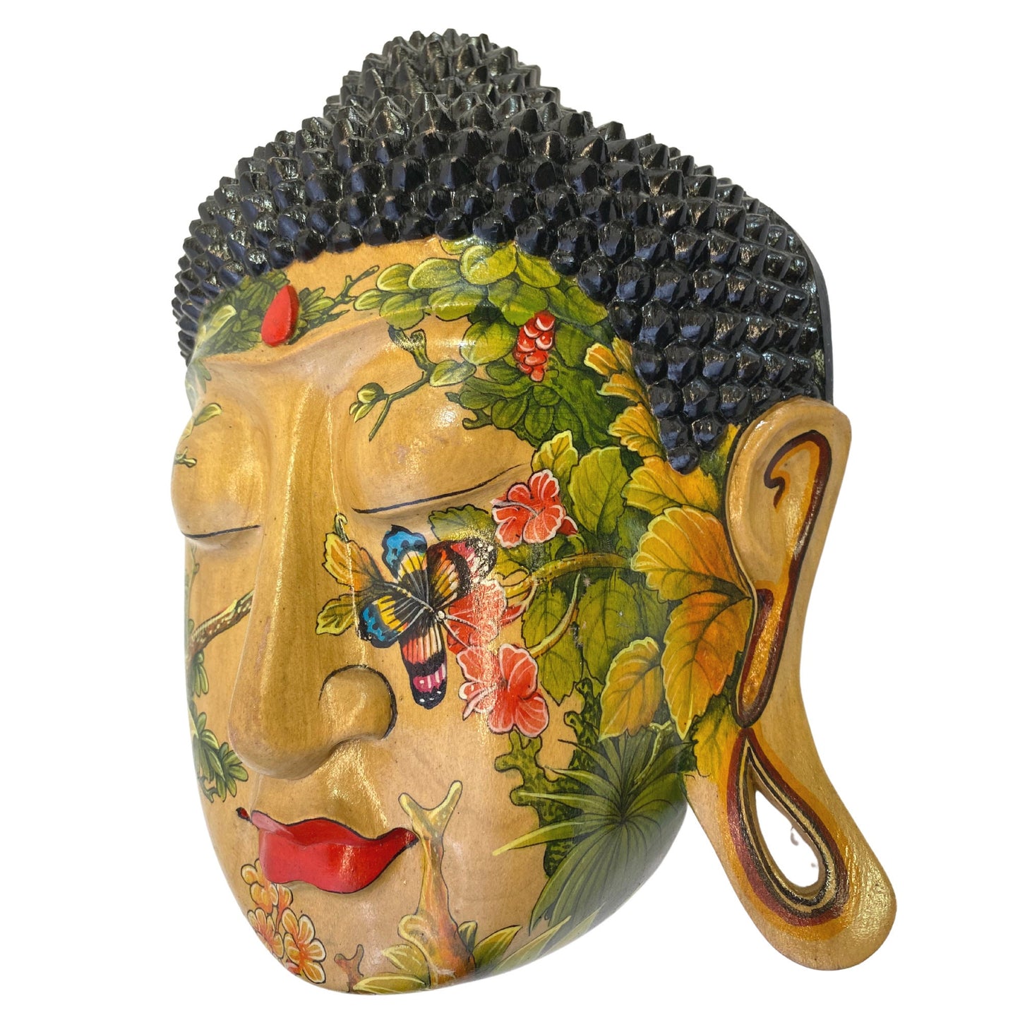 Mystic Buddha Mask Butterfly Garden Tattoo Wall art Sculpture Balinese miniature style painting Ubud village art hand painted wood carving