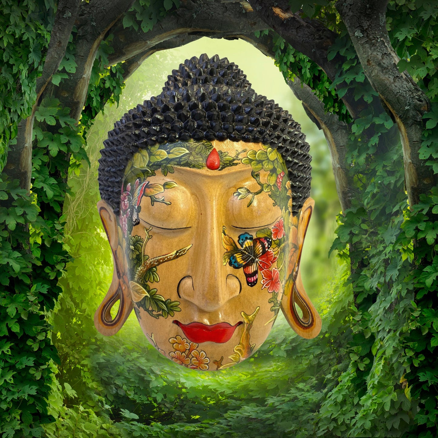 Mystic Buddha Mask Butterfly Garden Tattoo Wall art Sculpture Balinese miniature style painting Ubud village art hand painted wood carving