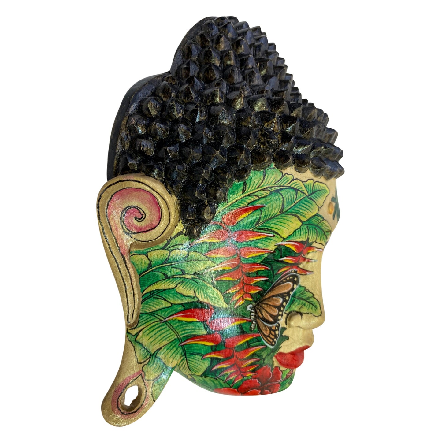 Rainforest Mystic Tattoo Buddha Mask Wall art Sculpture Balinese miniature style painting Ubud village art art hand painted wood carving