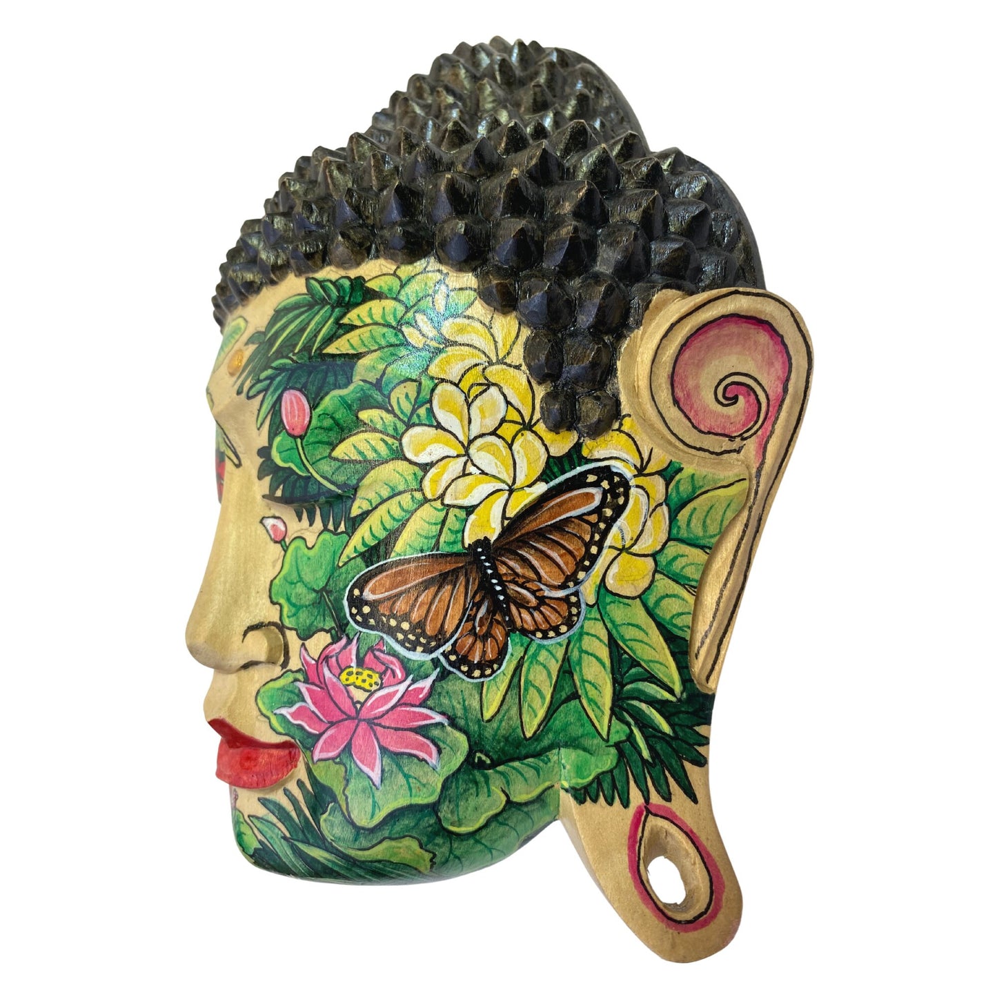 Rainforest Mystic Tattoo Buddha Mask Wall art Sculpture Balinese miniature style painting Ubud village art art hand painted wood carving
