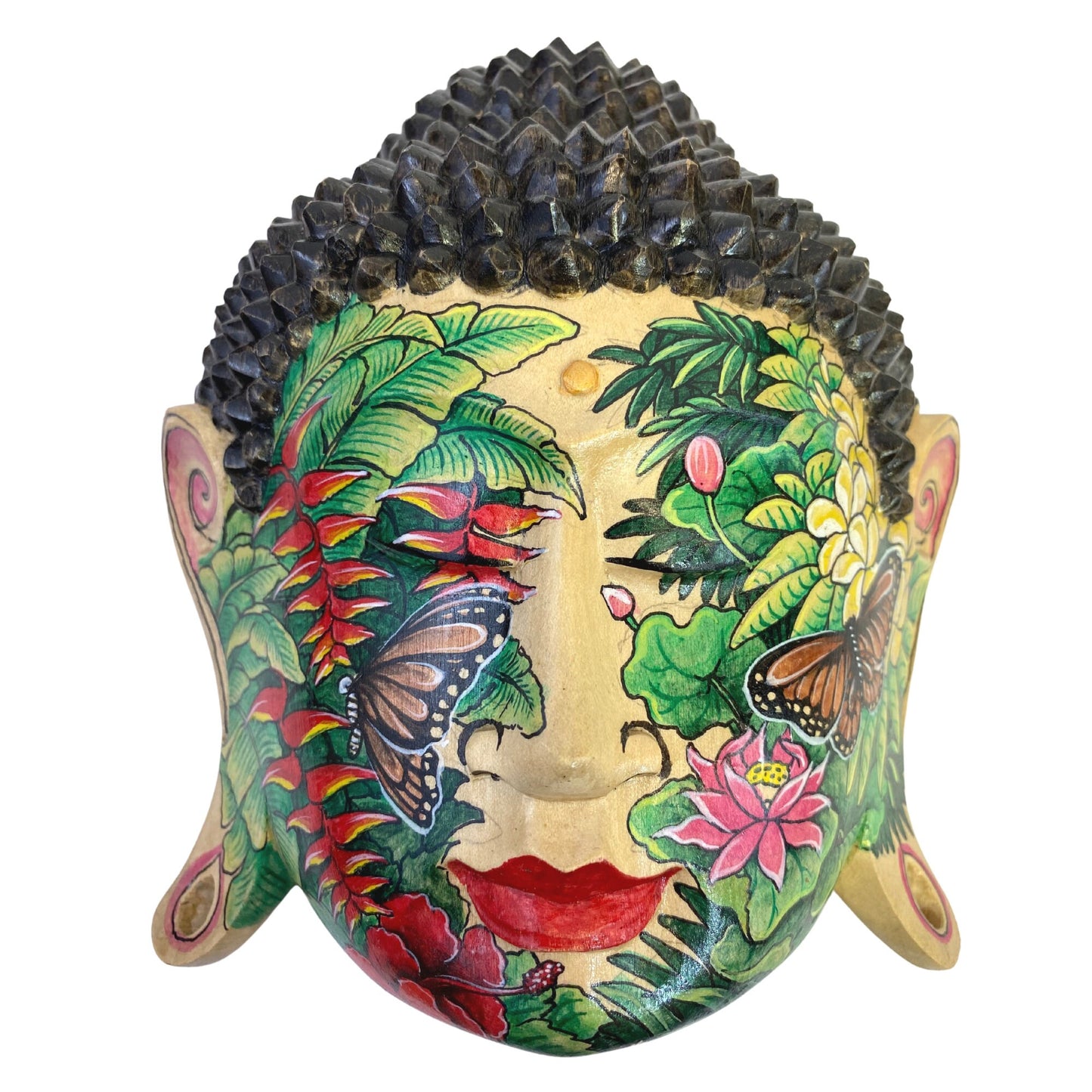 Rainforest Mystic Tattoo Buddha Mask Wall art Sculpture Balinese miniature style painting Ubud village art art hand painted wood carving