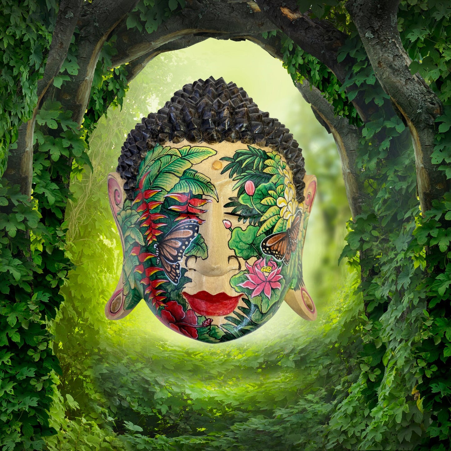Rainforest Mystic Tattoo Buddha Mask Wall art Sculpture Balinese miniature style painting Ubud village art art hand painted wood carving