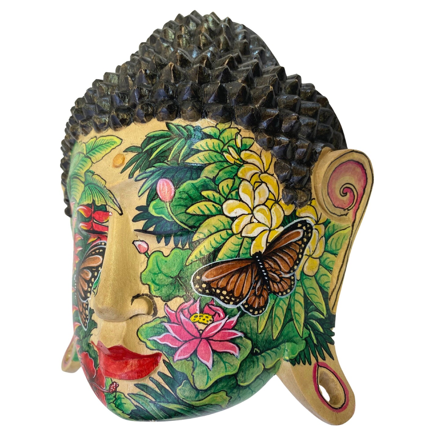 Rainforest Mystic Tattoo Buddha Mask Wall art Sculpture Balinese miniature style painting Ubud village art art hand painted wood carving