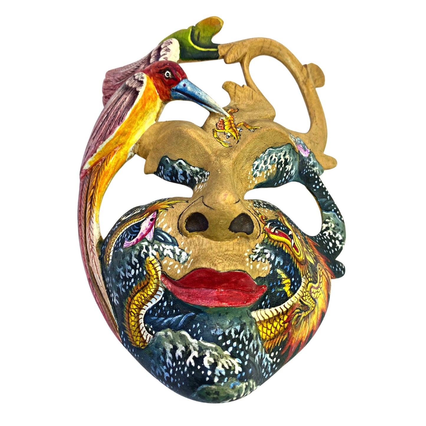 Balinese Mask Dragon Phoenix Bird Goddess Dream Mask Abstract Mask Hand Painted Carved Wood Carving Bali Wall Decor Art