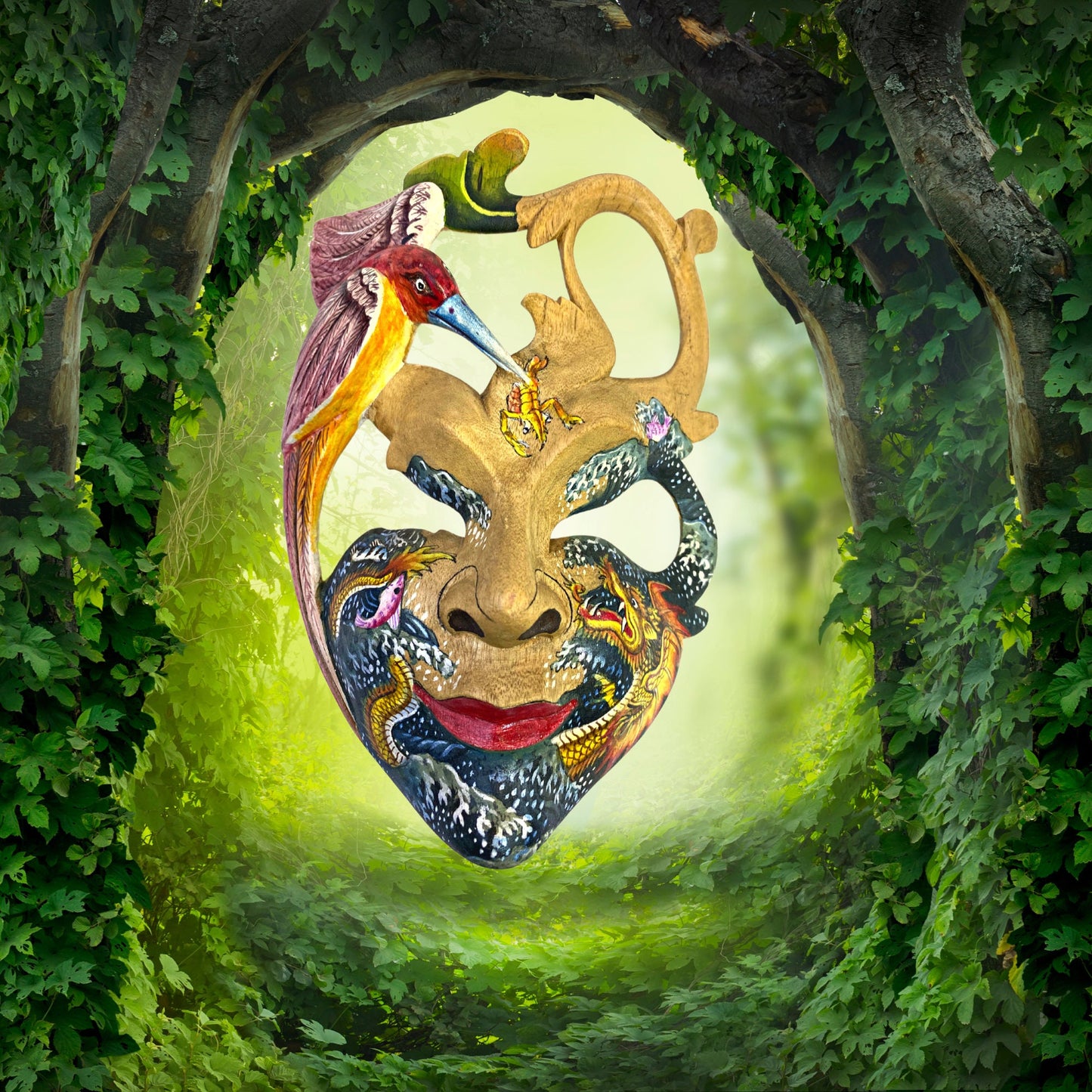 Balinese Mask Dragon Phoenix Bird Goddess Dream Mask Abstract Mask Hand Painted Carved Wood Carving Bali Wall Decor Art