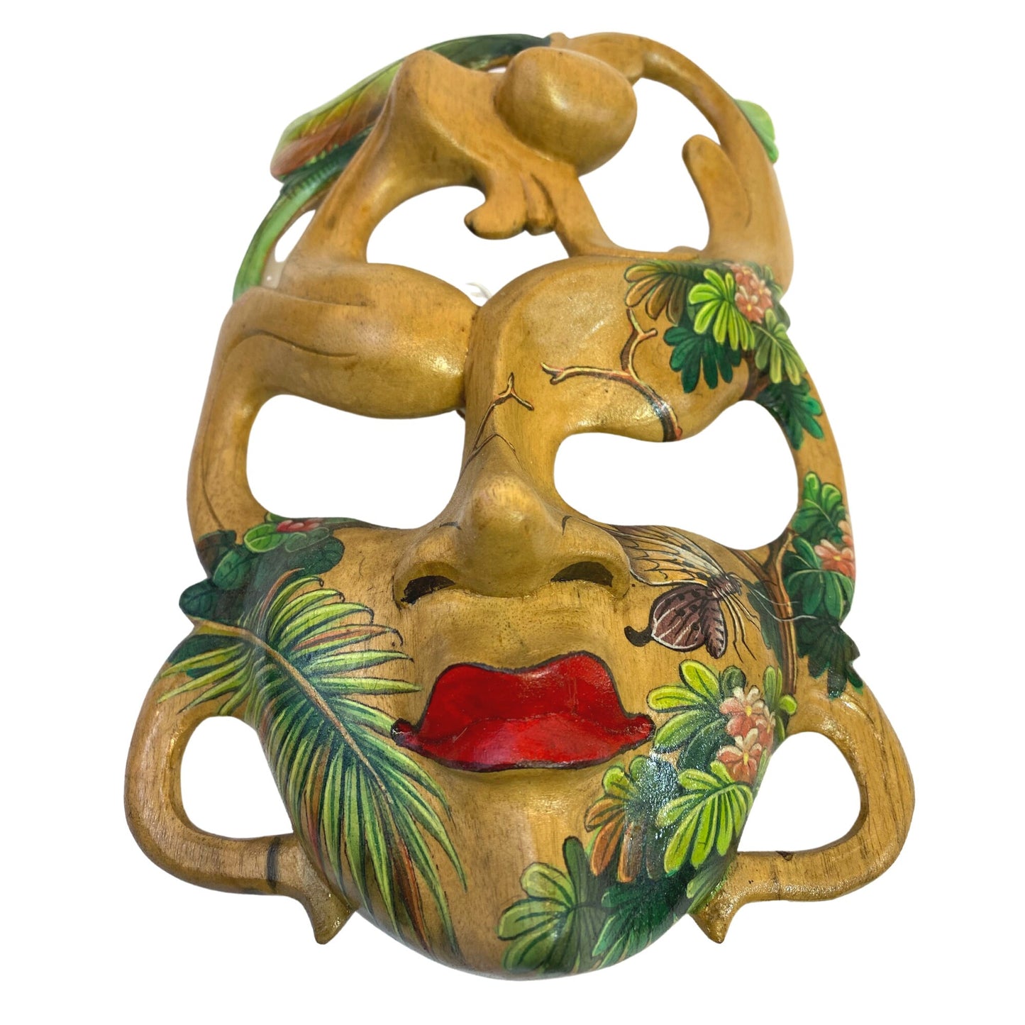 Balinese Mask Dancing Forest Faerie Goddess Abstract Mask Hand Painted Butterfly Hand Carved Wood Carving Bali Wall Decor Art