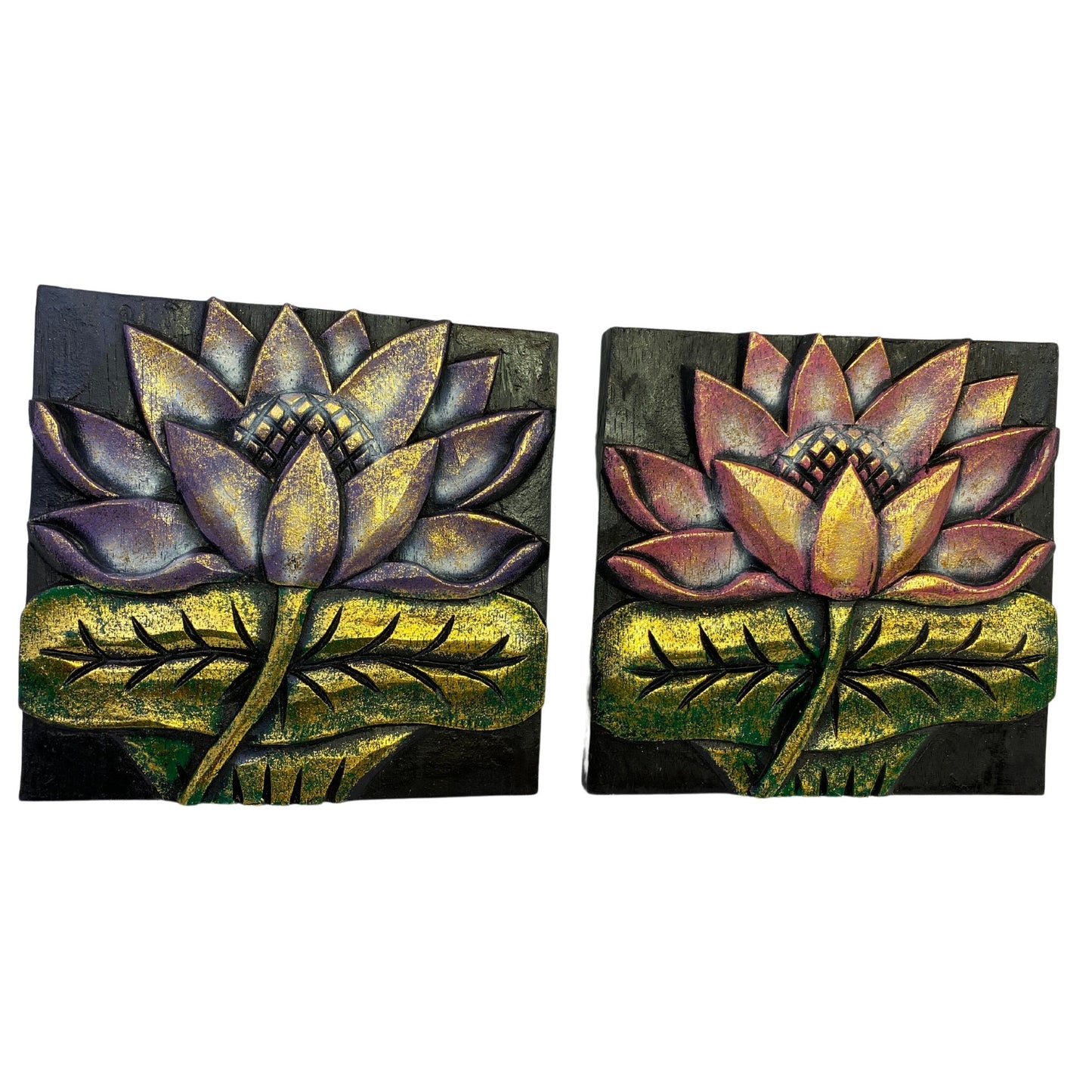 Balinese Lotus Flower Carved Wood Panel: Hand-Painted Bali Wall Art Plaque