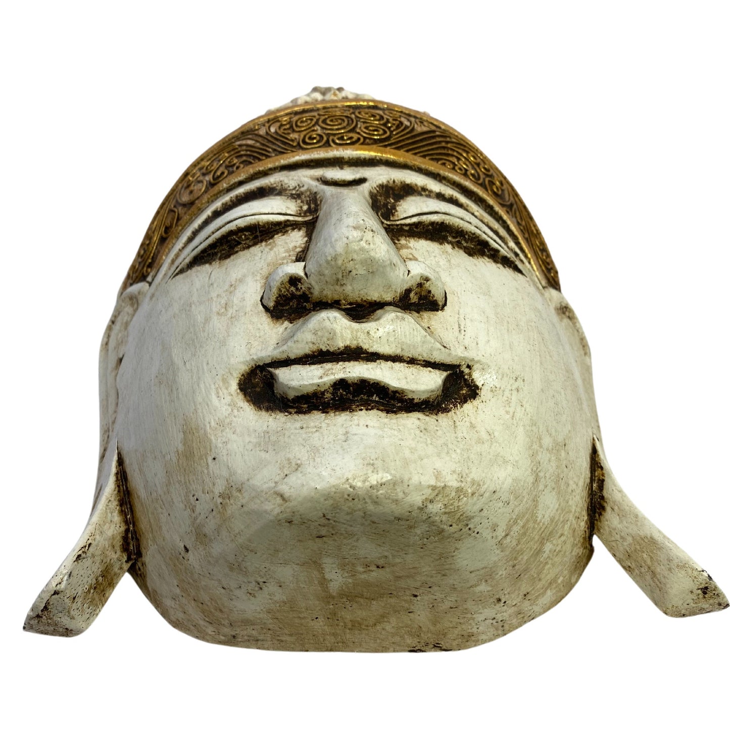 Buddha Wooden Mask Antique White Hand Carved Wood Carving Balinese Folk Art Handmade Eclectic Boho Asian Decor