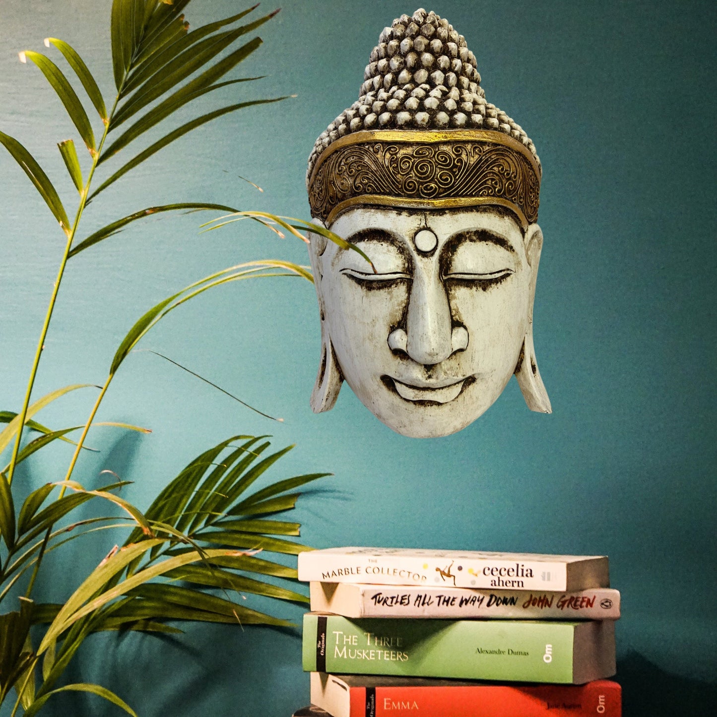 Buddha Wooden Mask Antique White Hand Carved Wood Carving Balinese Folk Art Handmade Eclectic Boho Asian Decor