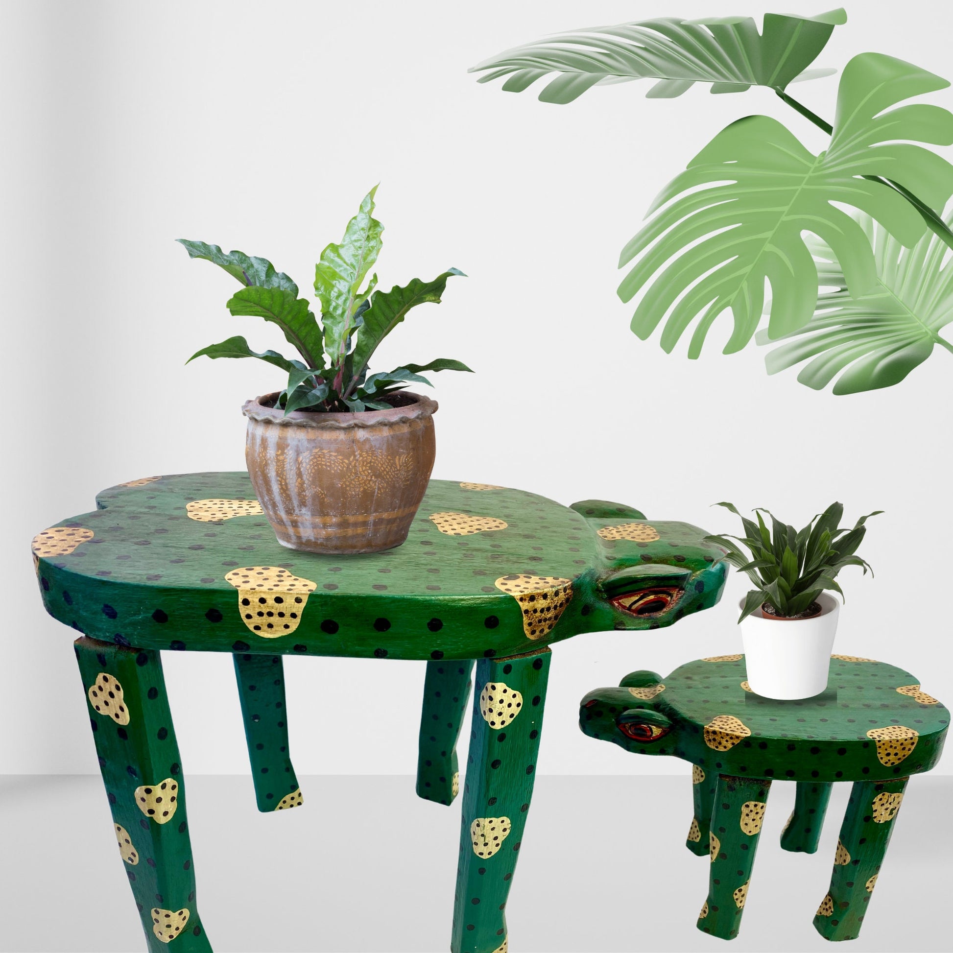 Lucky Green Frog Toad Plant Stand Stool Riser Balinese Hand Carved Wood Amphibian Bali Folk Art Gift for Frog Lover - Acadia World Traders