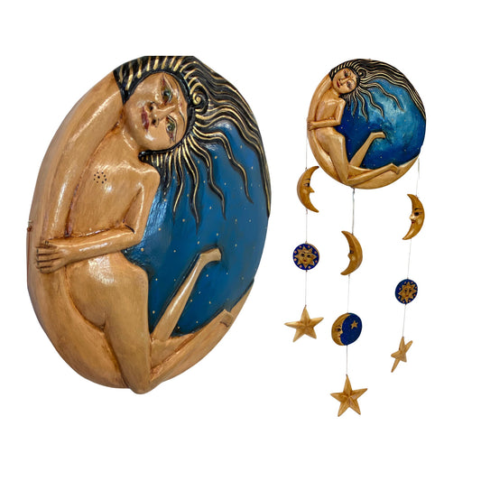 Lady in the Moon Hanging Mobile Moon Stars Sun Hand Carved Painted Wood Carving Celestial Bali Folk Art Dewi Ratih Moon Goddess Blue
