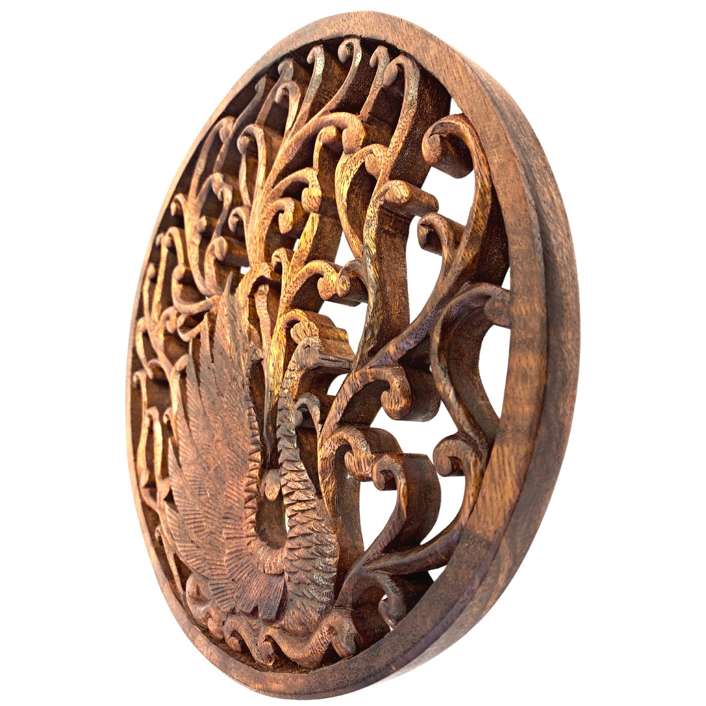 Balinese Peacock Architectural Panel Wall Relief Art Round Plaque Hand Carved Wood Carving Asian Style Decor Bali Folk Art