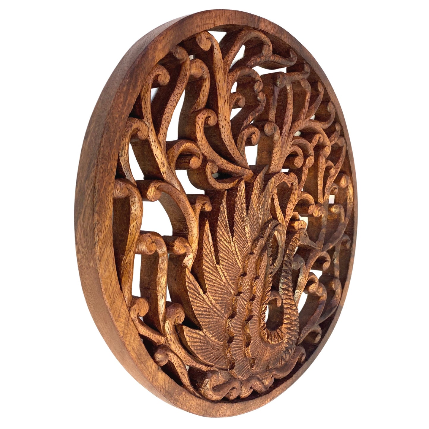 Balinese Peacock Architectural Panel Wall Relief Art Round Plaque Hand Carved Wood Carving Asian Style Decor Bali Folk Art