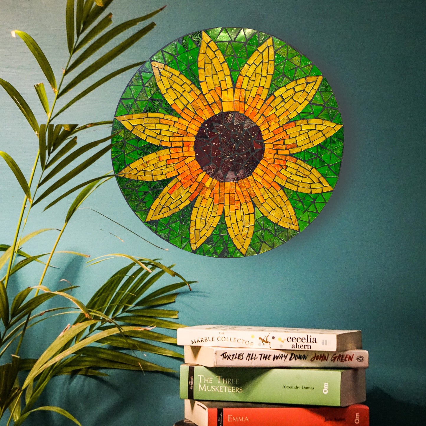 Yellow Sunflower Mosaic Wall Art Plaque Panel Hand Painted Glass Bali Handicraft Boho Decor - Acadia World Traders