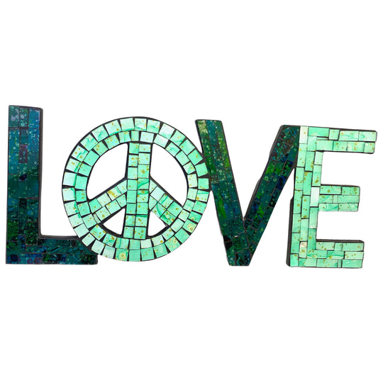 Peace and Love Mosaic Wall Art Plaque Panel Hand Painted Glass Bali Handicraft Boho Decor
