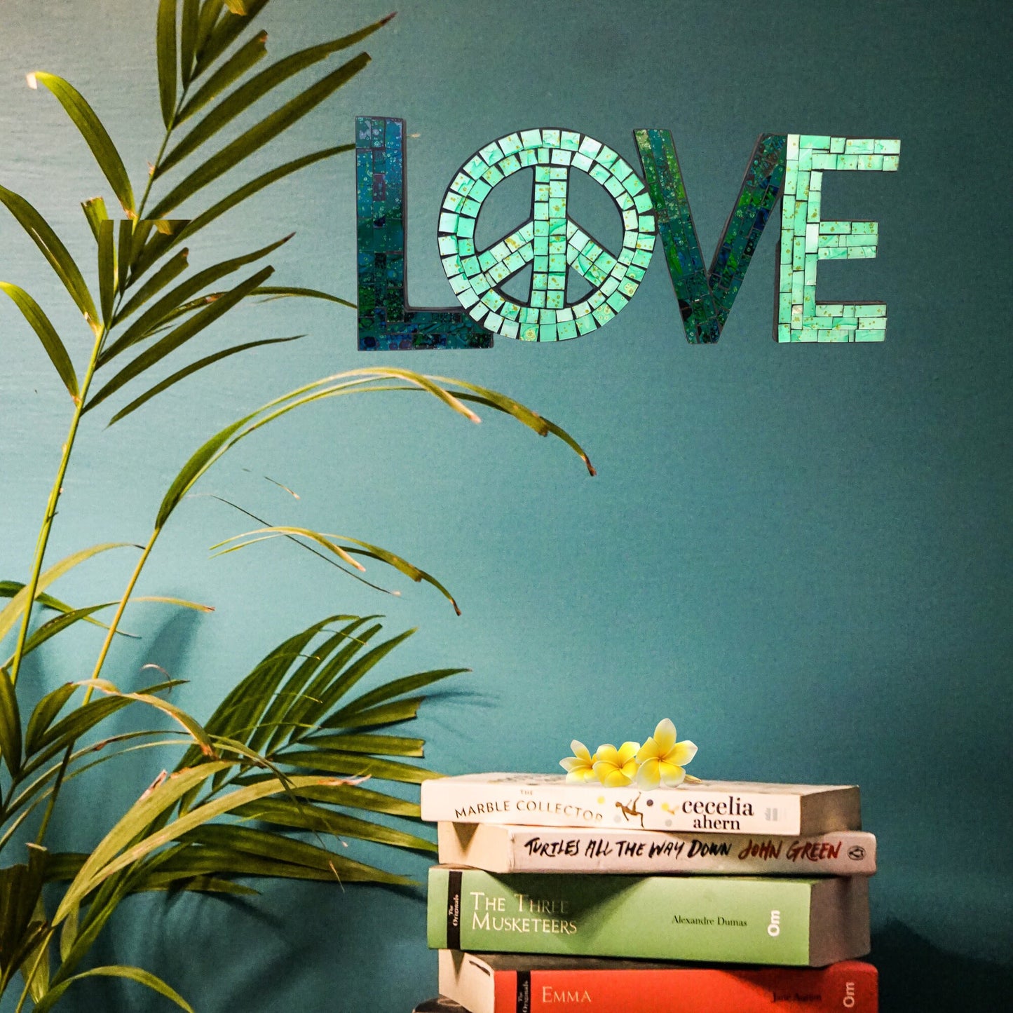 Peace and Love Mosaic Wall Art Plaque Panel Hand Painted Glass Bali Handicraft Boho Decor