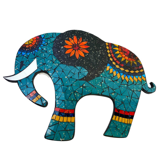 Asian Elephant Mosaic Wall Art Plaque Panel Hand Painted Glass Bali Handicraft Boho Decor