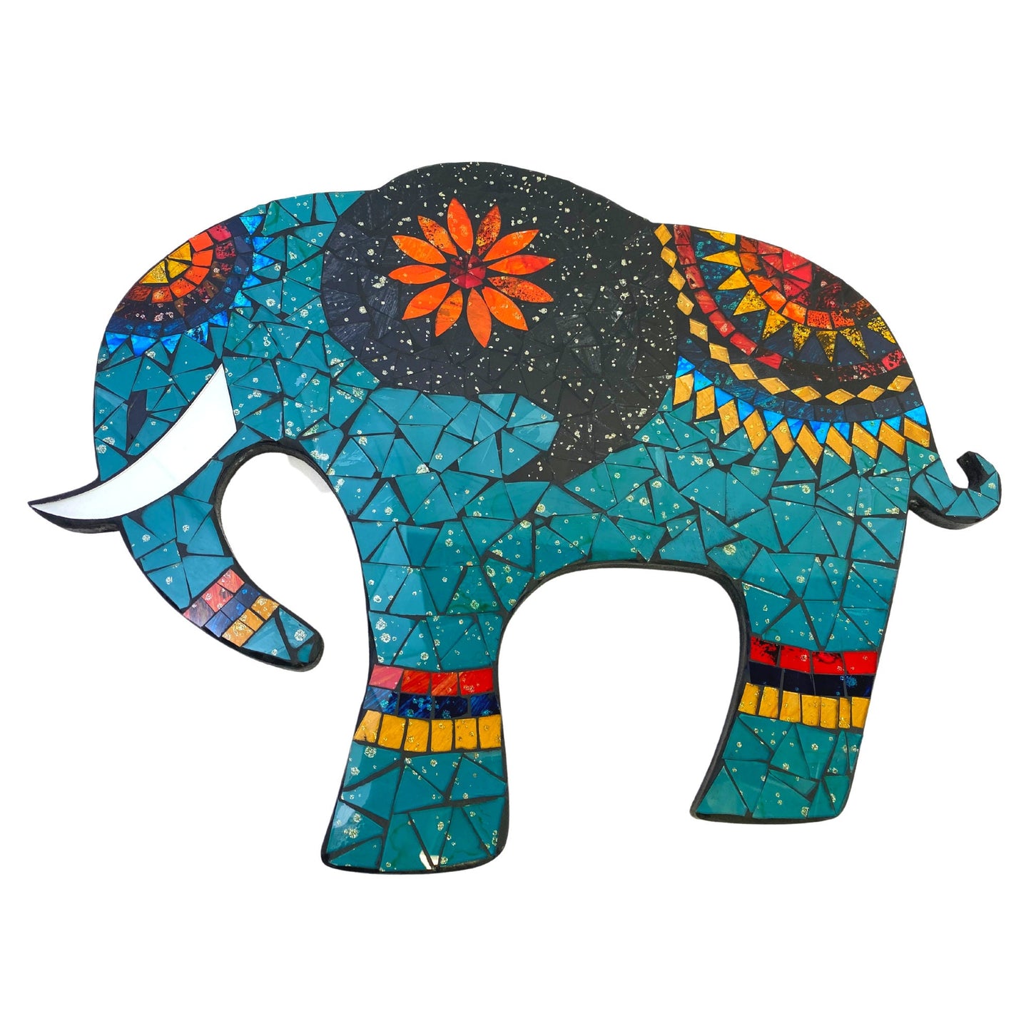 Asian Elephant Mosaic Wall Art Plaque Panel Hand Painted Glass Bali Handicraft Boho Decor