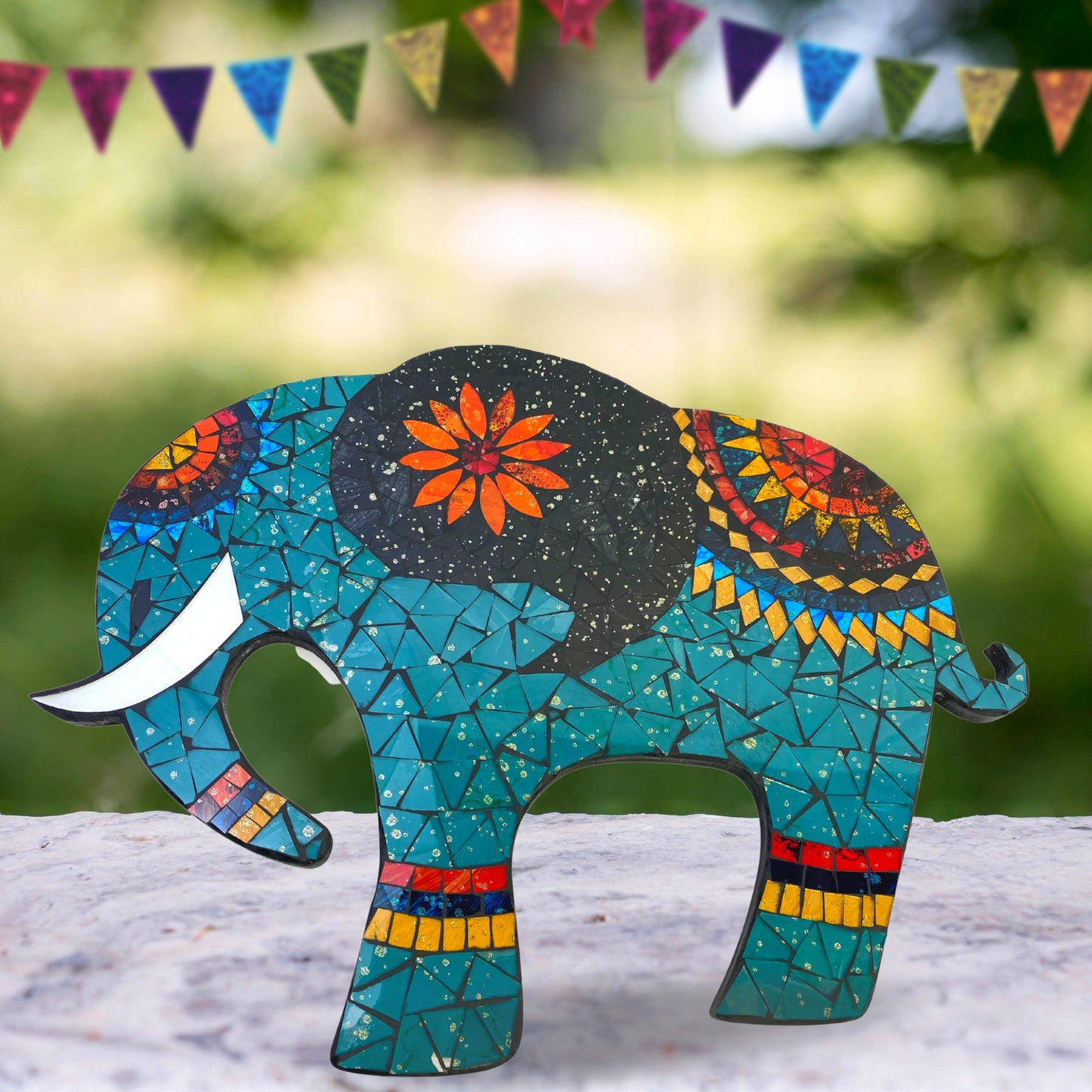 Asian Elephant Mosaic Wall Art Plaque Panel Hand Painted Glass Bali Handicraft Boho Decor
