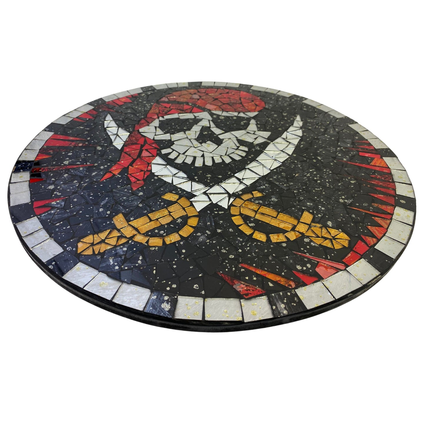 Pirate Wall Hanging Jolly Roger Skull and Crossbones Nautical Mosaic Wall Art Plaque Panel Hand Painted Glass Bali Handicraft Man Cave Decor