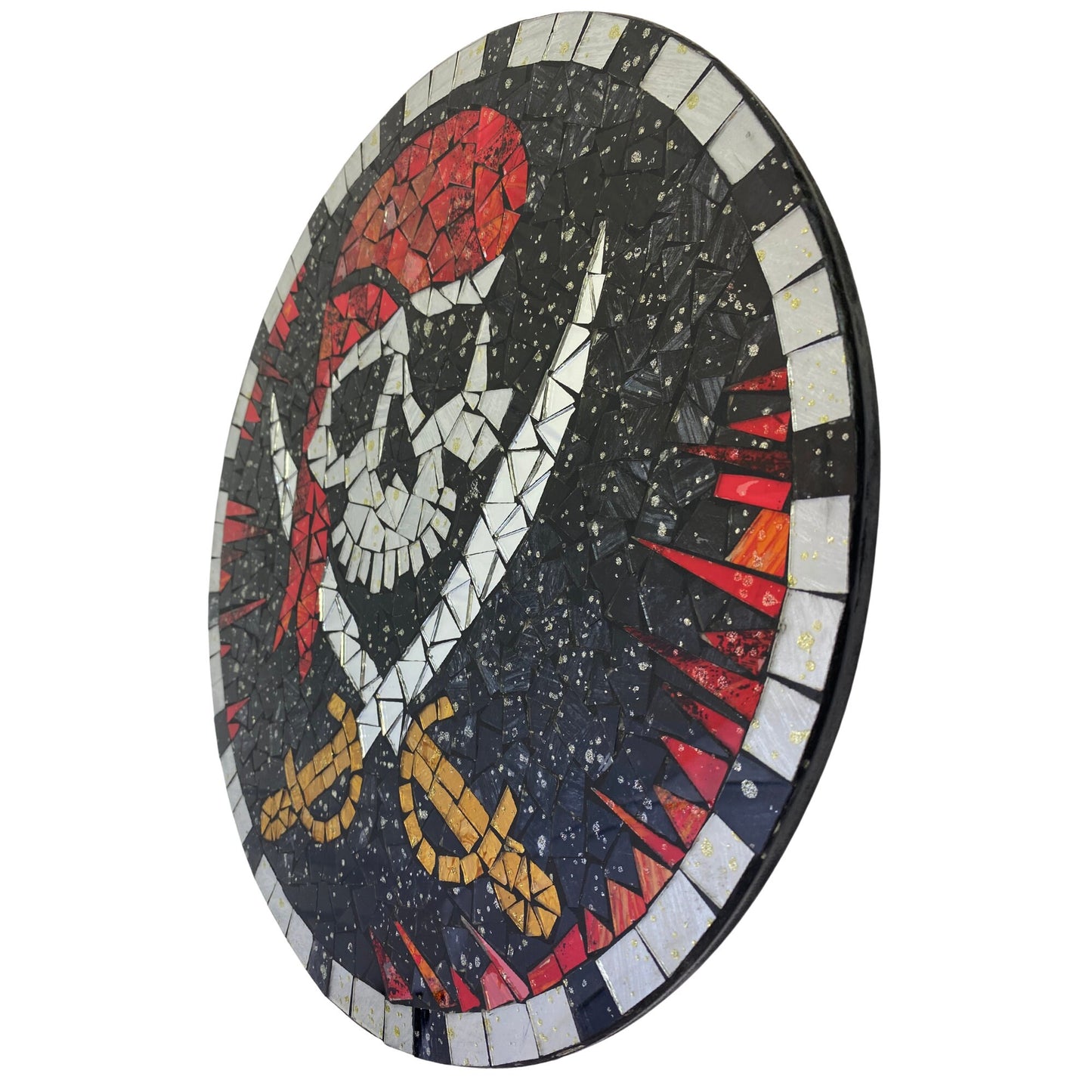 Pirate Wall Hanging Jolly Roger Skull and Crossbones Nautical Mosaic Wall Art Plaque Panel Hand Painted Glass Bali Handicraft Man Cave Decor