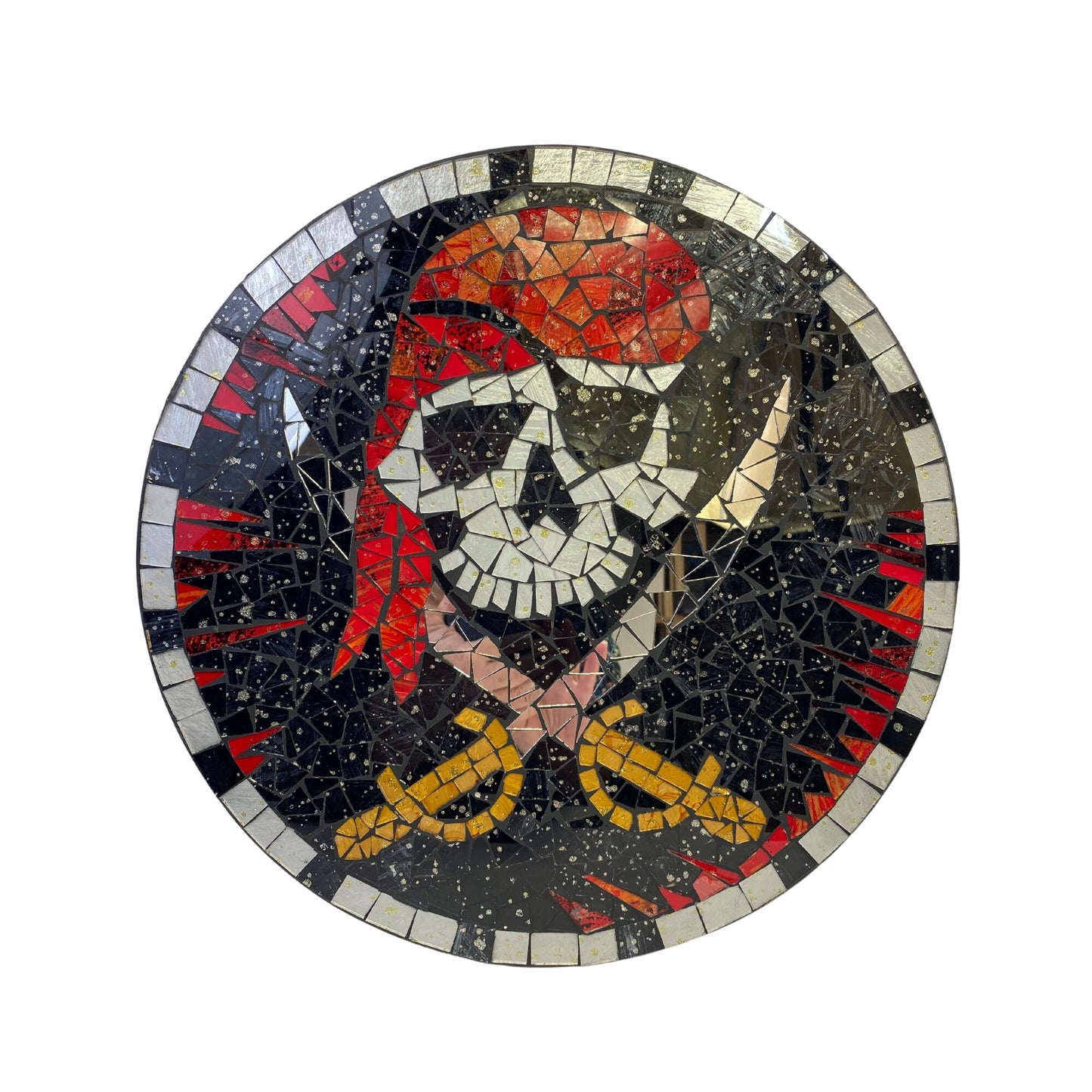 Pirate Wall Hanging Jolly Roger Skull and Crossbones Nautical Mosaic Wall Art Plaque Panel Hand Painted Glass Bali Handicraft Man Cave Decor