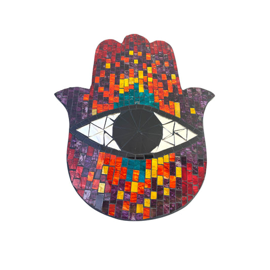 Hamsa Hand of Fatima Evil Eye Mosaic Wall Art Plaque Panel Hand Painted Glass Bali Handicraft Boho Decor