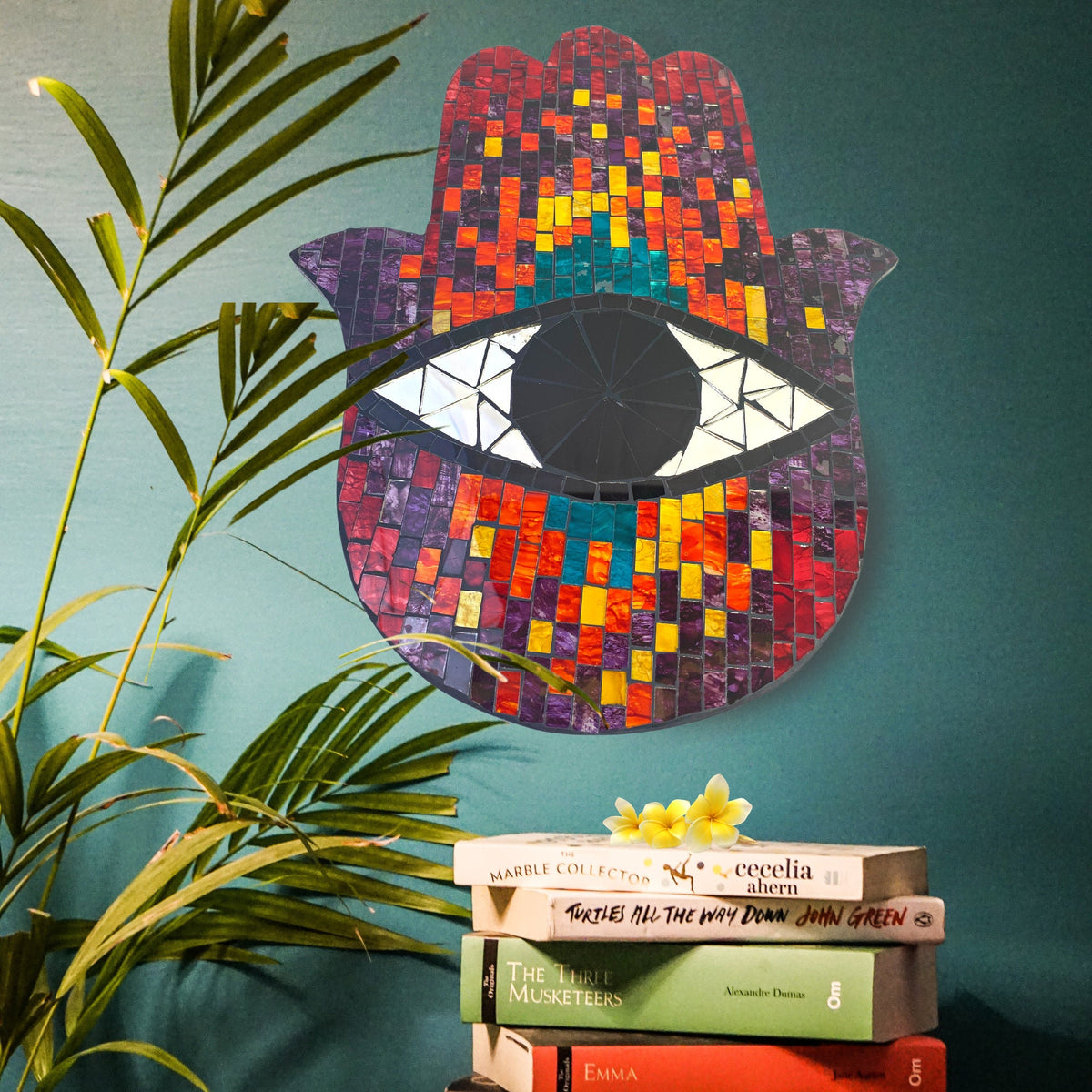 Hamsa Hand Evil Eye Mosaic Wall Art Plaque: Hand-Painted Glass, Boho Decor - Acadia World Traders