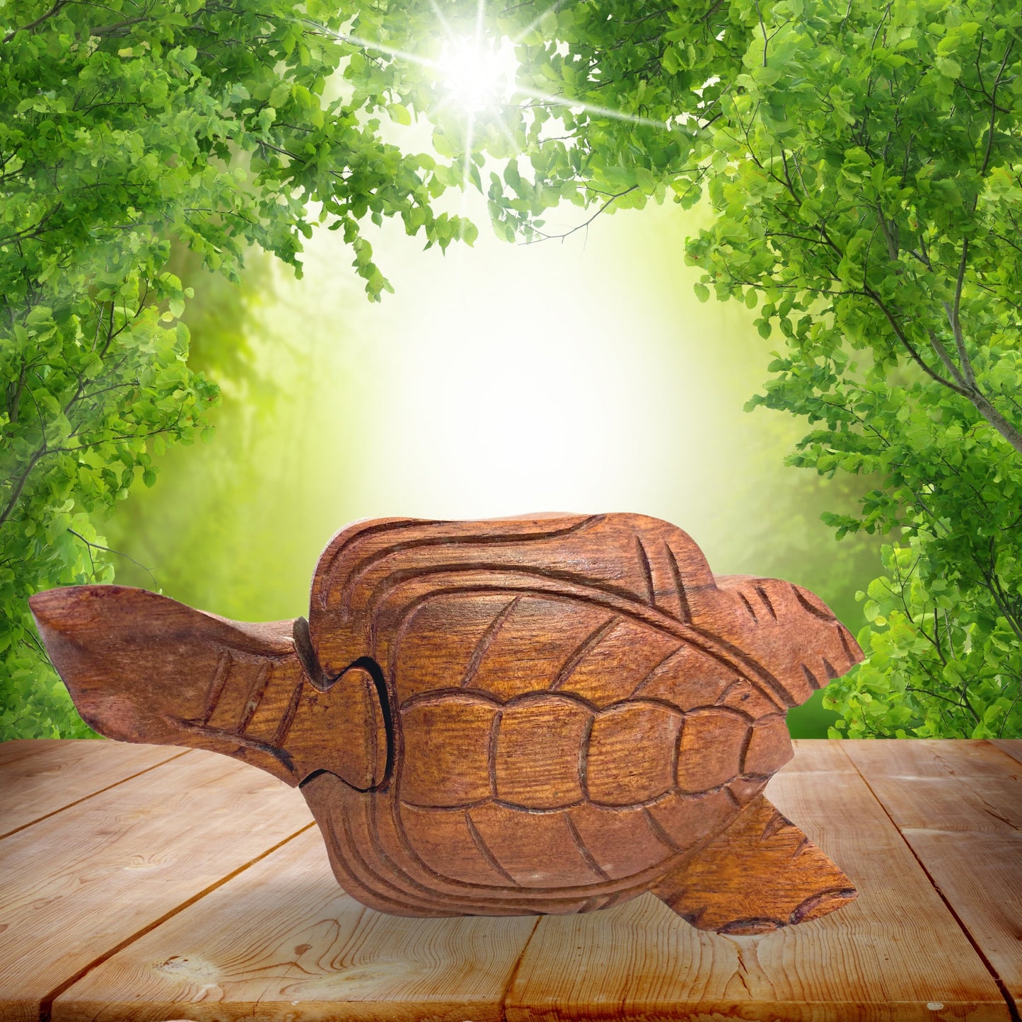 Hand Carved Wood Sea Turtle Puzzle Box: Trinket Stash Box Carving