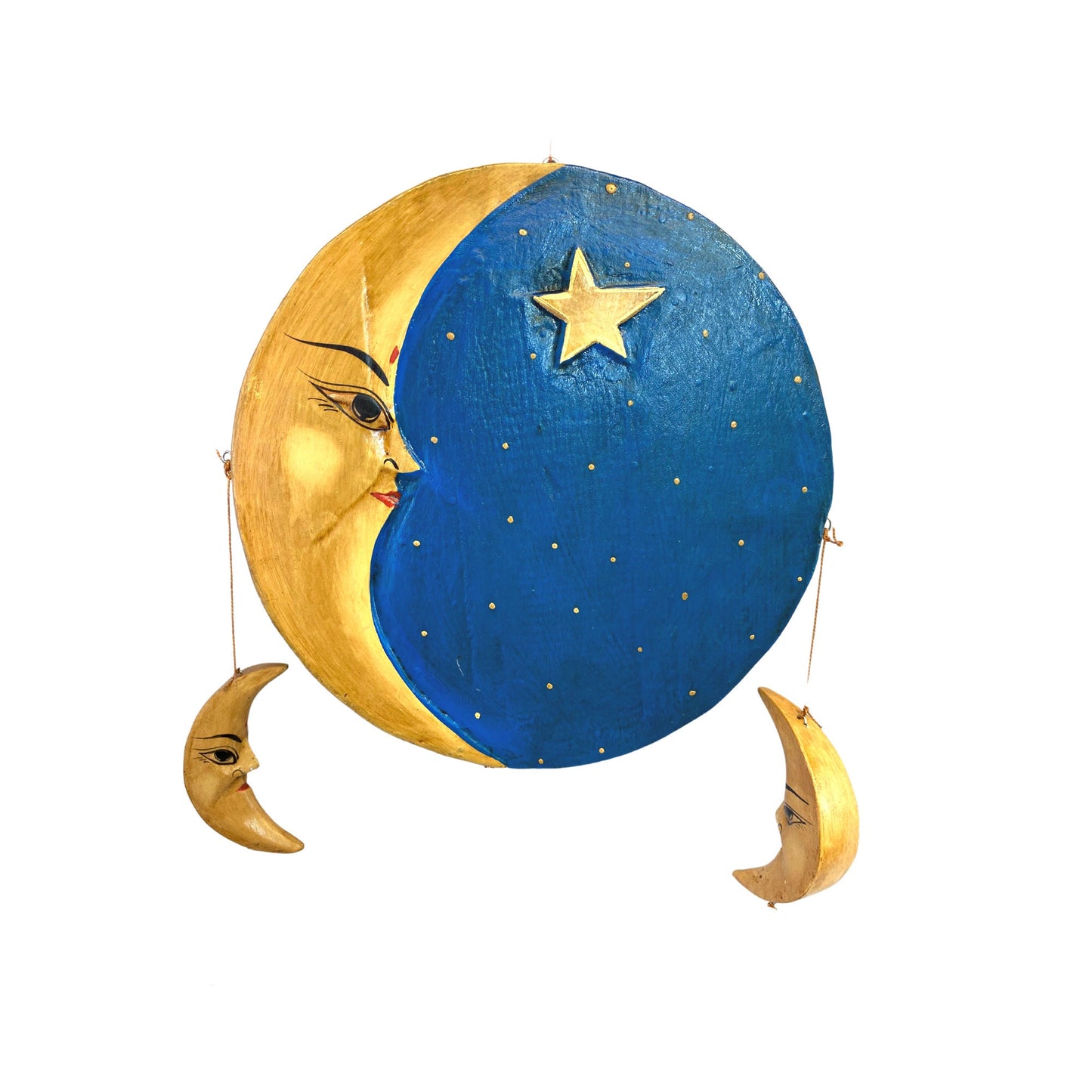 Sun Moon Stars Hanging Mobile Vintage Design Hand Carved Painted Wood Balinese Celestial Bodies Bali Folk Art Man in the Moon Blue - Acadia World Traders