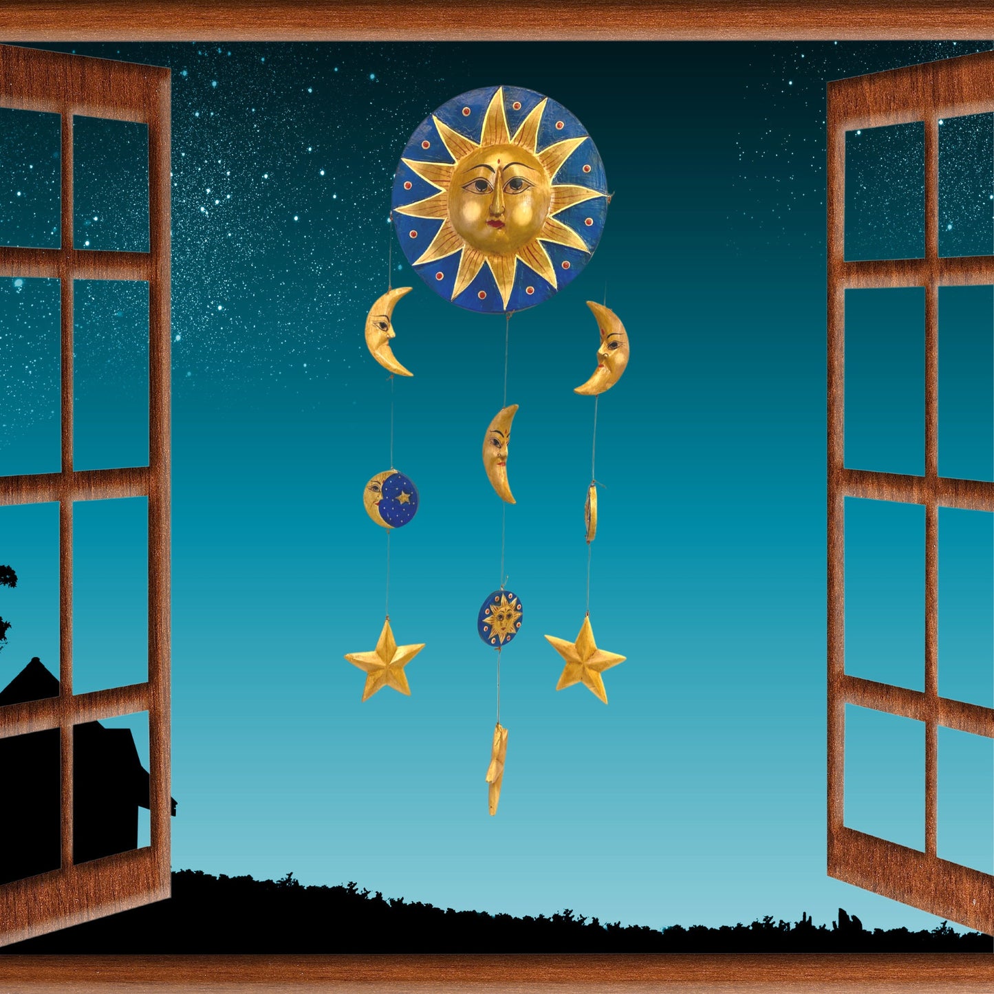 Sun Moon Stars Hanging Mobile Vintage Design Hand Carved Painted Wood Balinese Celestial Bodies Bali Folk Art Man in the Moon Blue - Acadia World Traders