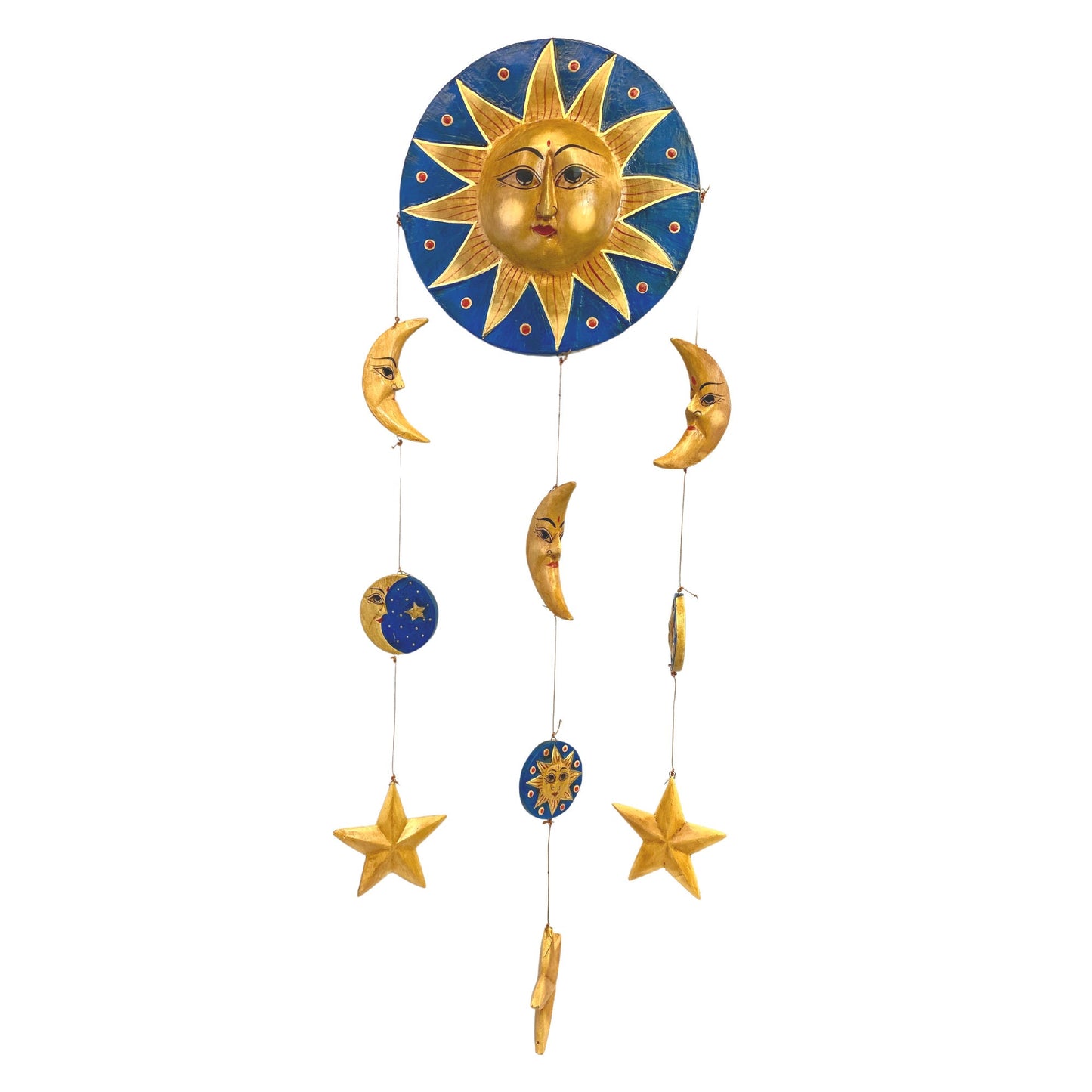 Sun Moon Stars Hanging Mobile Vintage Design Hand Carved Painted Wood Balinese Celestial Bodies Bali Folk Art Man in the Moon Blue - Acadia World Traders