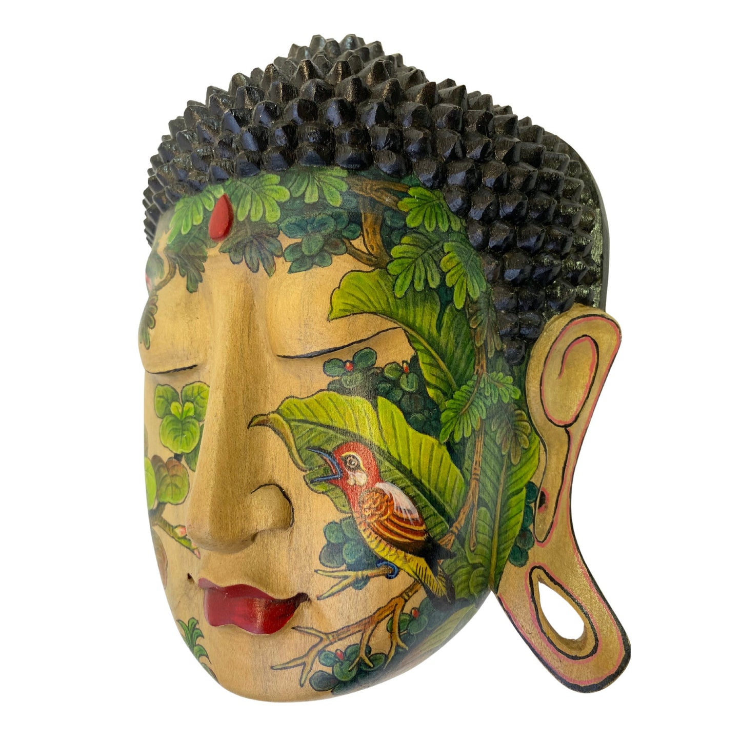 Forest Tattoo Buddha Mask Wall art Sculpture Balinese miniature style painting keliki Ubud village art art hand painted wood carving
