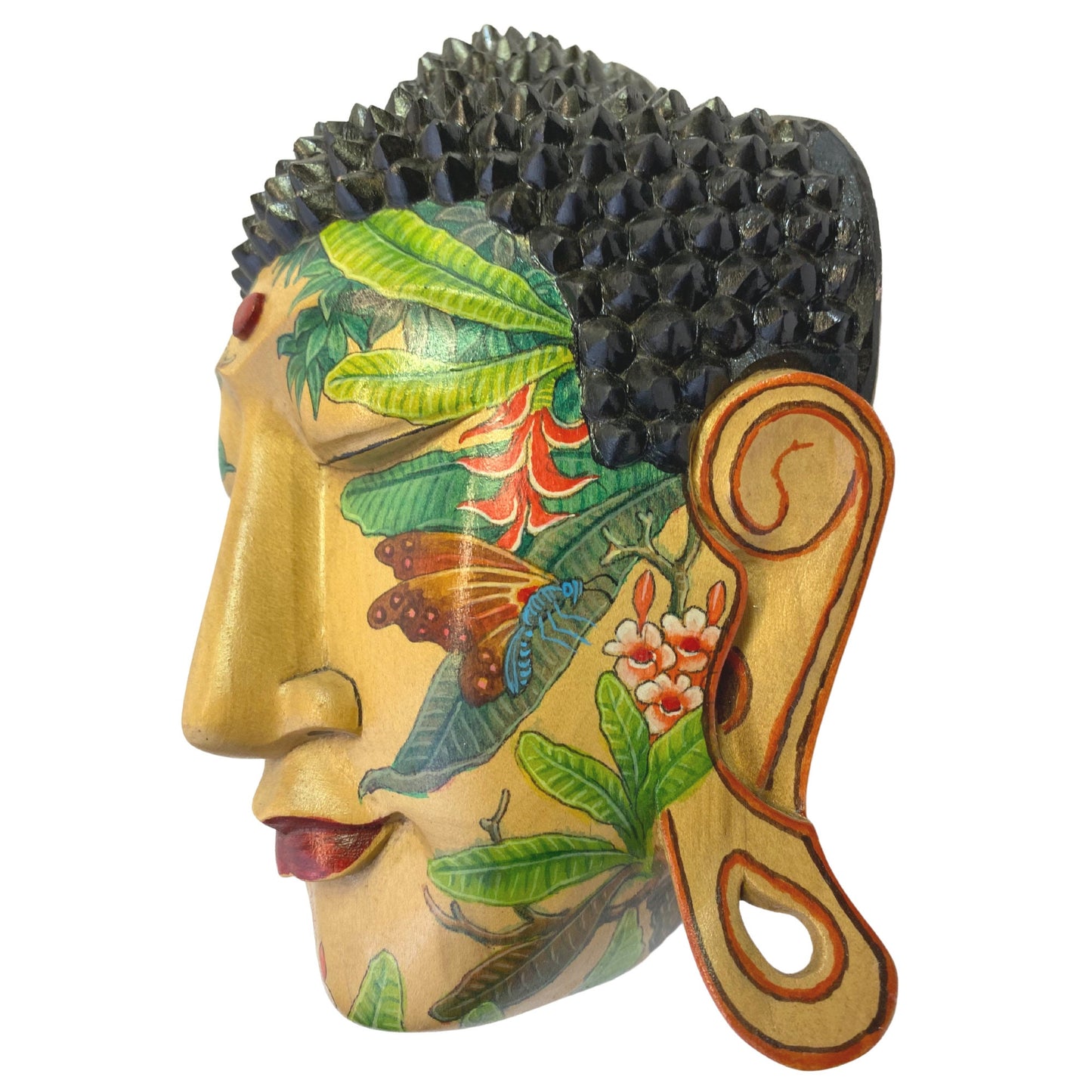 Butterfly Garden Tattoo Buddha Mask Wall art Sculpture Balinese miniature style painting Ubud village art art hand painted wood carving