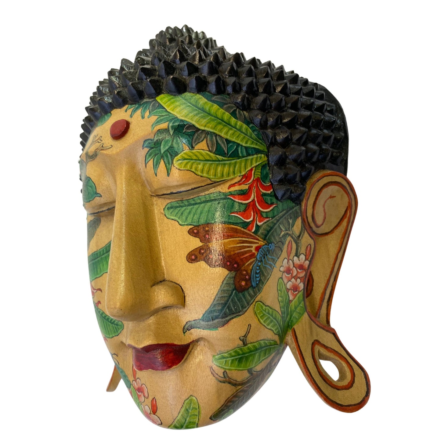 Butterfly Garden Tattoo Buddha Mask Wall art Sculpture Balinese miniature style painting Ubud village art art hand painted wood carving
