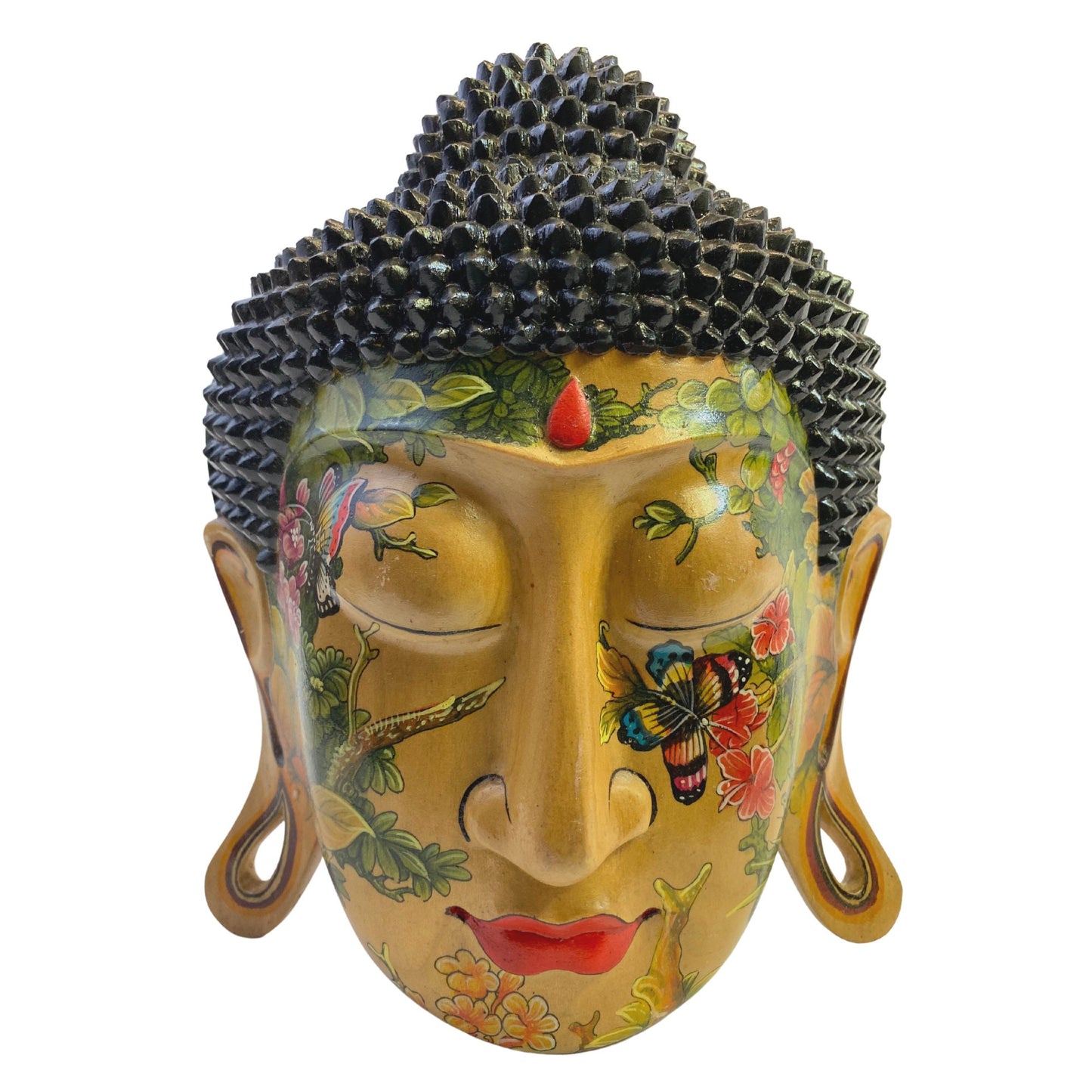 Mystic Buddha Mask Butterfly Garden Tattoo Wall art Sculpture Balinese miniature style painting Ubud village art hand painted wood carving