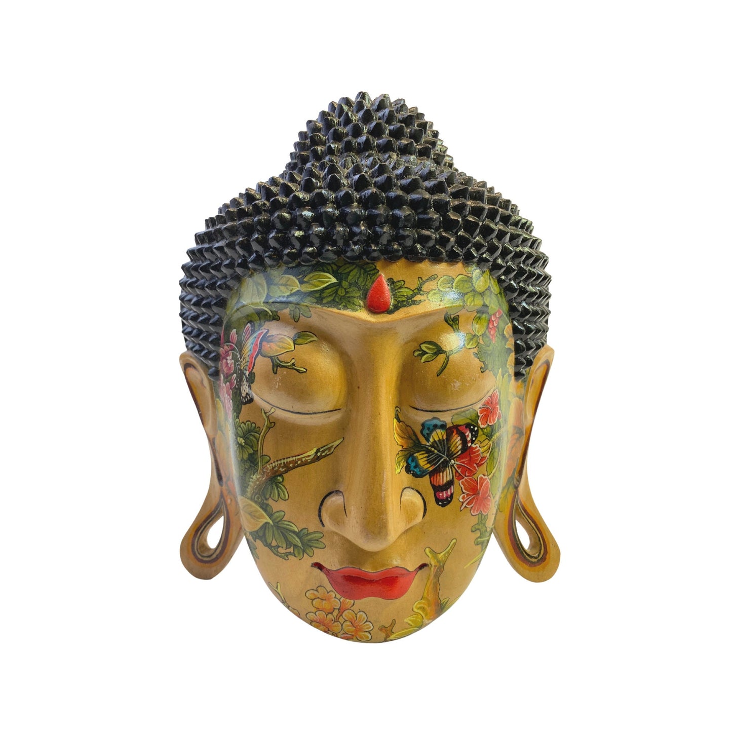 Mystic Buddha Mask Butterfly Garden Tattoo Wall art Sculpture Balinese miniature style painting Ubud village art hand painted wood carving