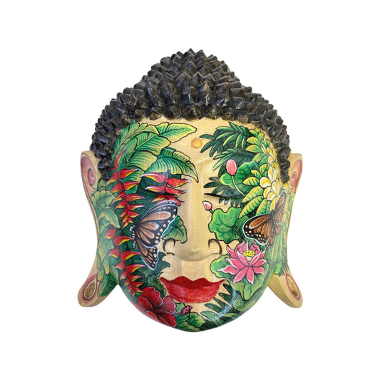 Rainforest Mystic Tattoo Buddha Mask Wall art Sculpture Balinese miniature style painting Ubud village art art hand painted wood carving